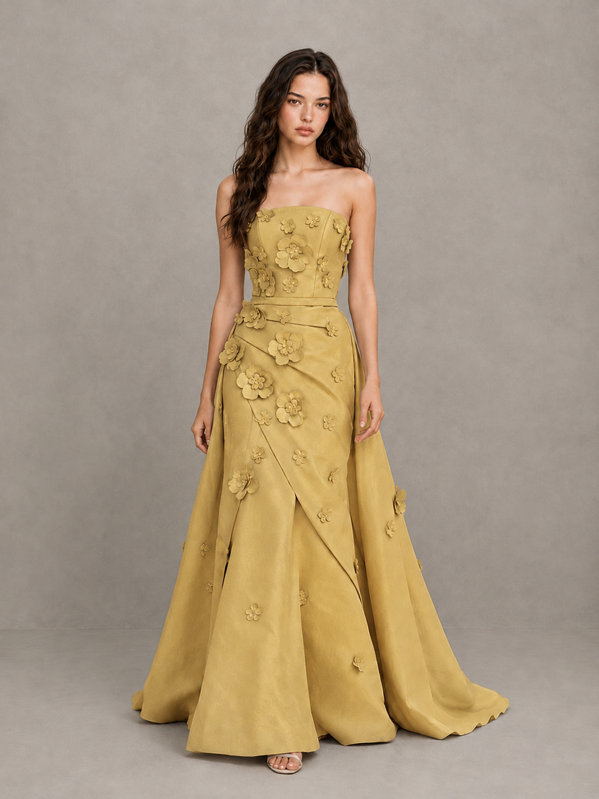 BOLODOO Gold Strapless 3D Floral Applique Prom Gown with Draped Skirt - Gold - Gold (1)