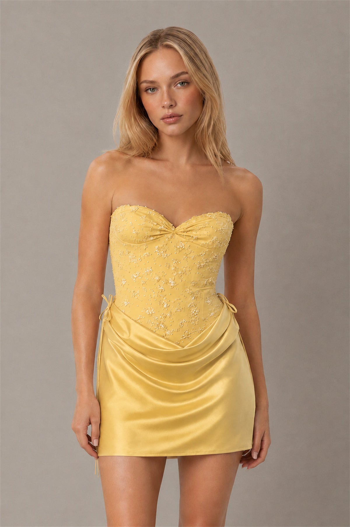 BOLODOO Gold Lace Corset Strapless Mini Dress with Satin Ruched Skirt & Lace-Up Back - Gold