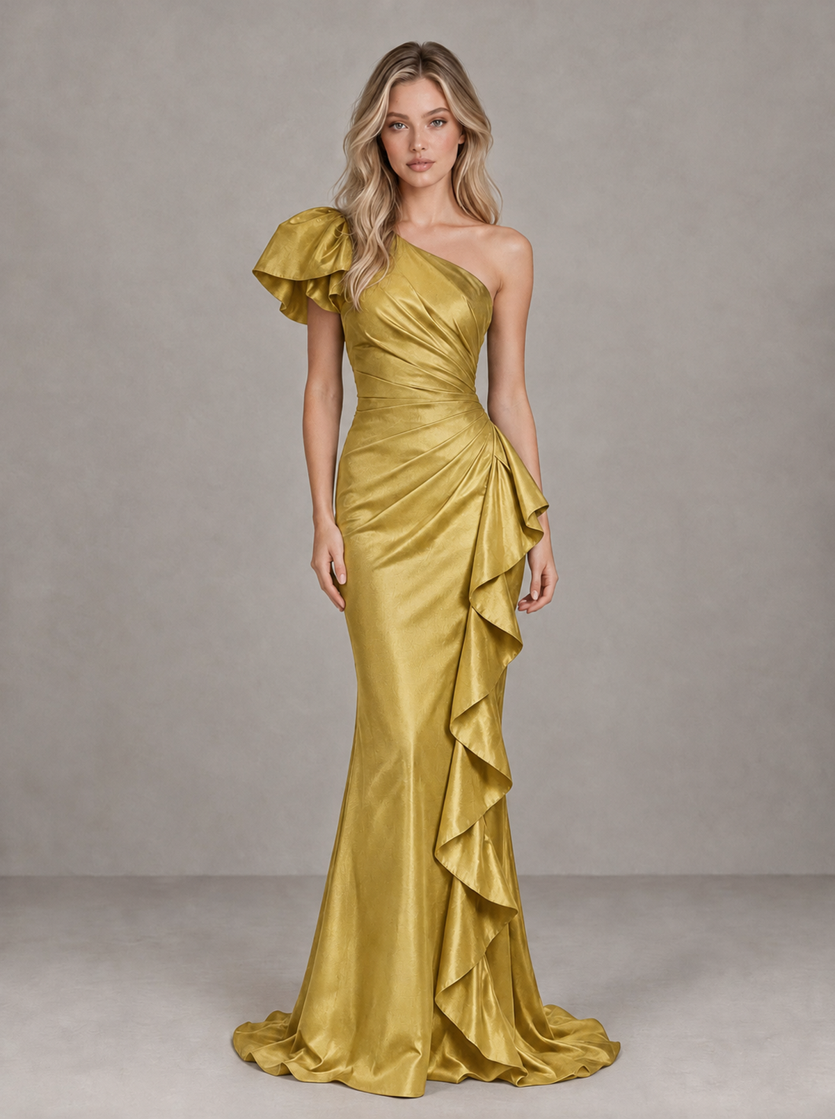BOLODOO Gold One-Shoulder Satin-Look Mermaid Evening Dress with Ruffles - Gold - Gold (1)