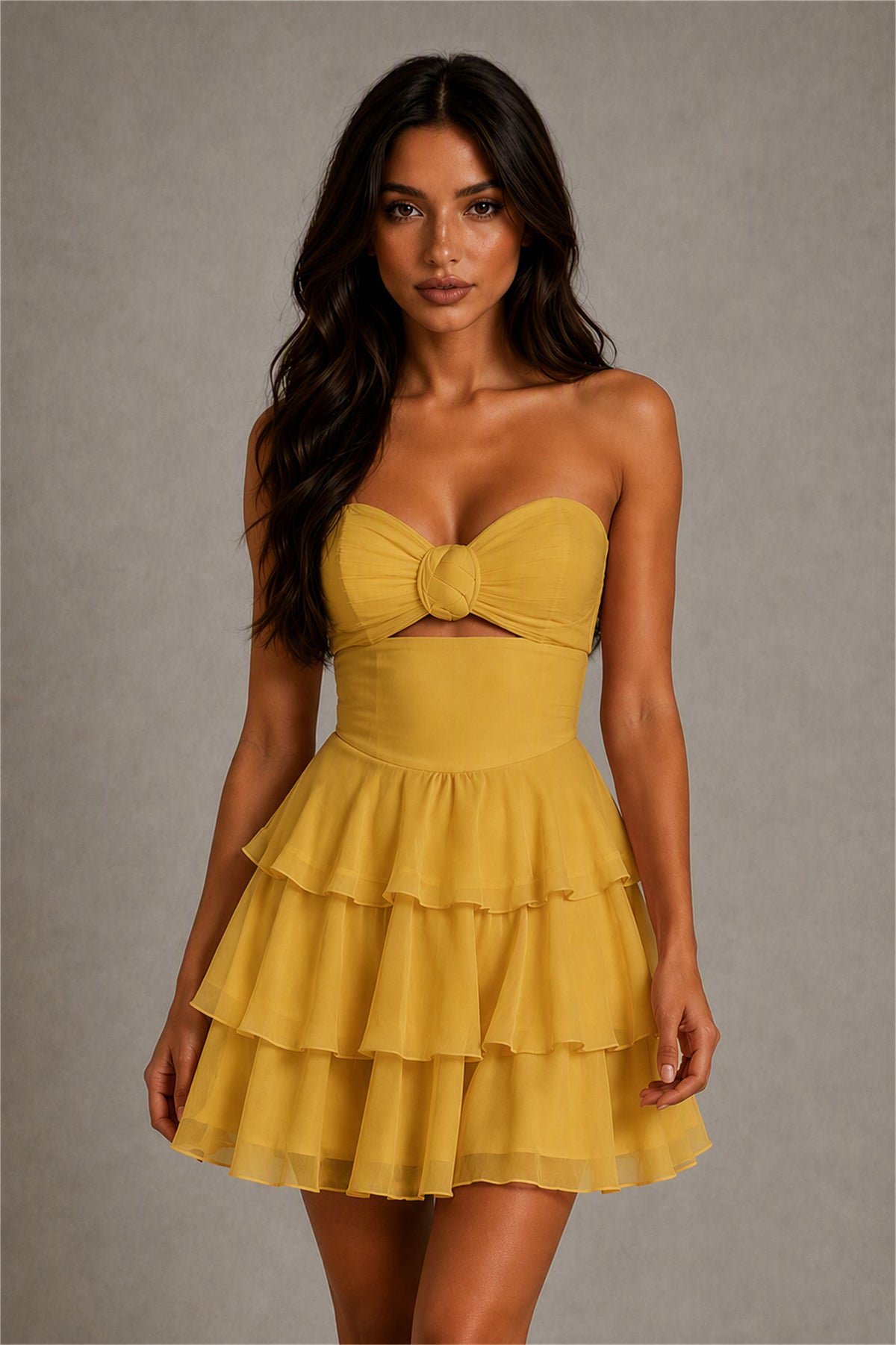 BOLODOO Gold Strapless Sweetheart Cutout Tiered Ruffle Mini Dress | Homecoming Cocktail Party Dress - Gold