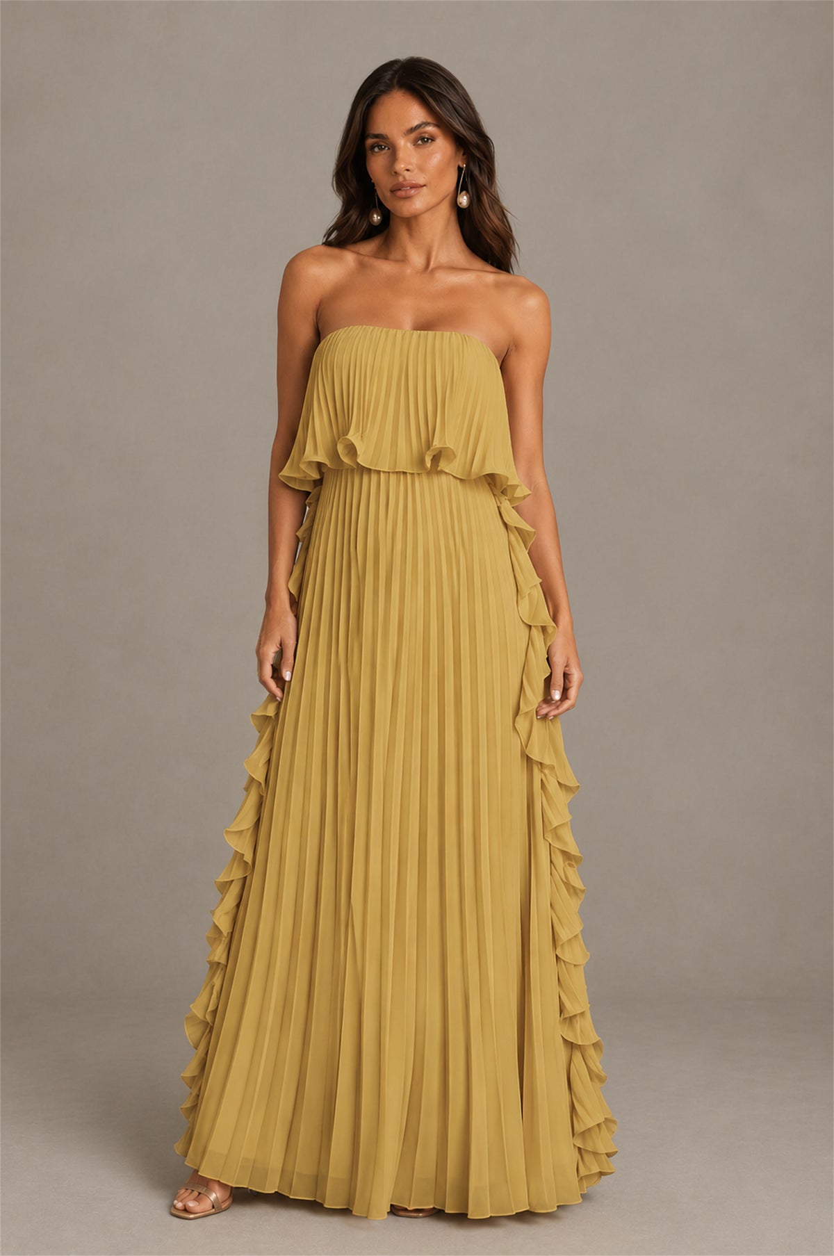 BOLODOO Gold Strapless Ruffle Bodice Dual Cascading Ruffle Accordion Pleated Chiffon Maxi Dress - Gold
