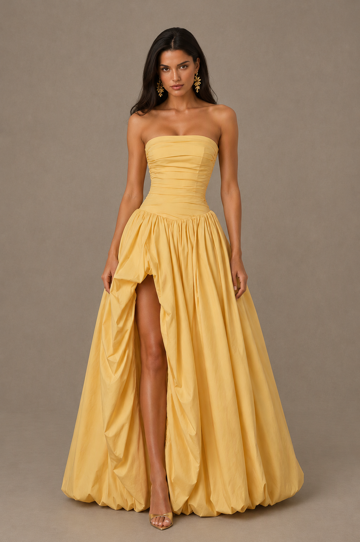 BOLODOO Gold Strapless Ruched Corset Lace-Up Back Bubble Skirt High Slit Taffeta Maxi Dress - Gold