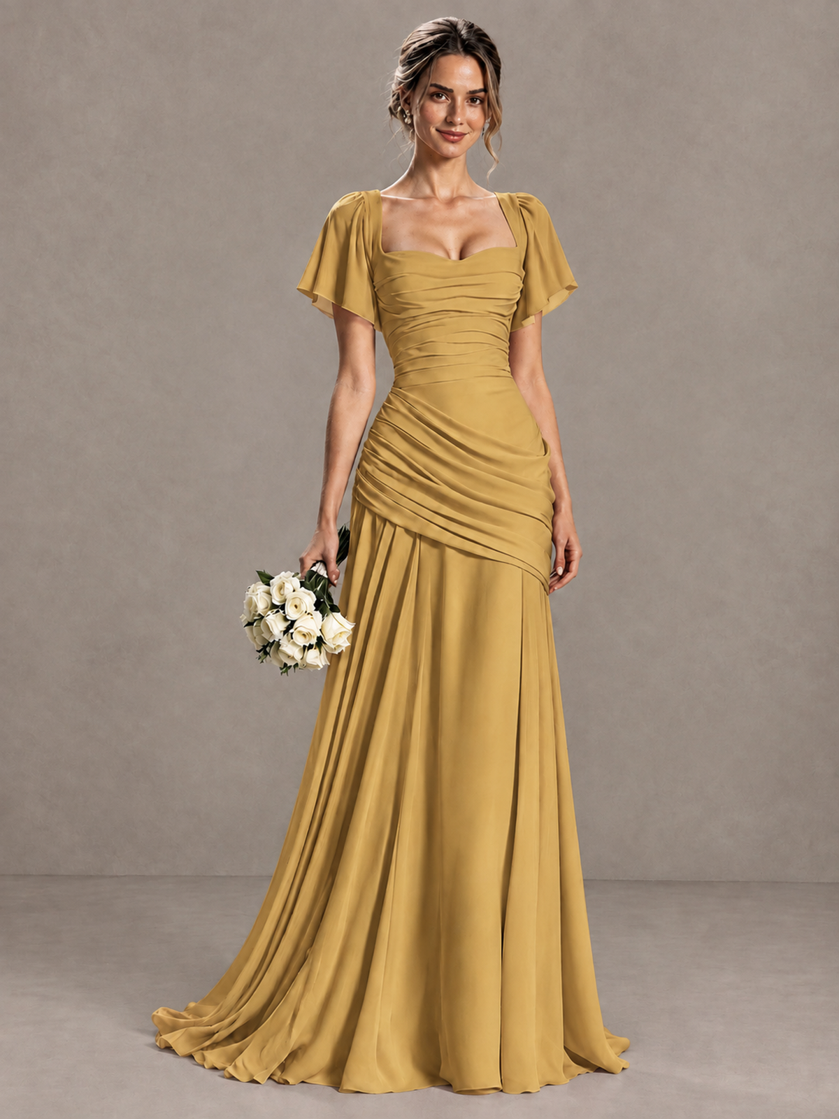 BOLODOO Gold Flutter Sleeve Lace-Up Back Maxi Dress - Gold - Gold (1)