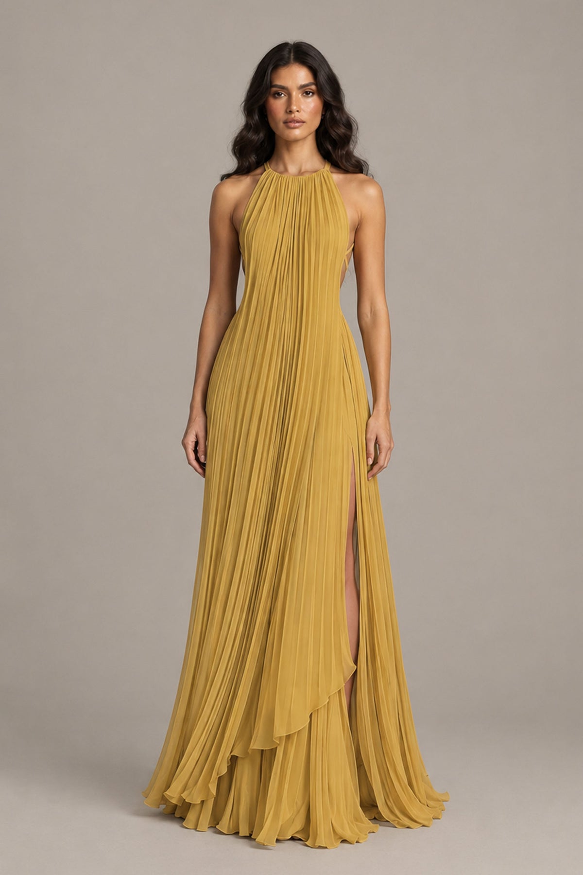 BOLODOO Gold Halter Neck Pleated Chiffon Maxi Dress with Side Slit - Gold