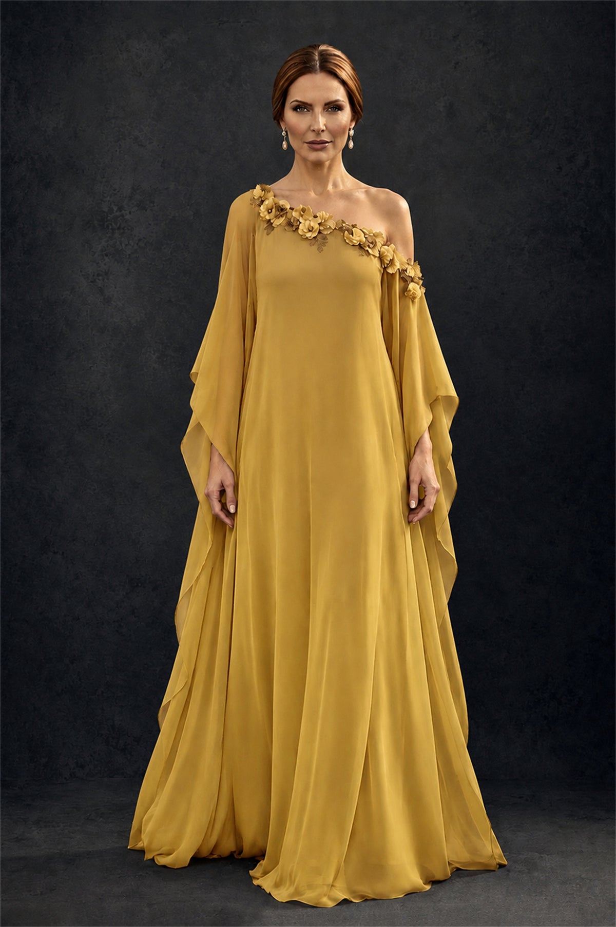 BOLODOO Gold 2-Piece Set: Off-Shoulder 3D Floral Cape Gown & One-Shoulder Wide-Leg Jumpsuit | BD0373 - Gold