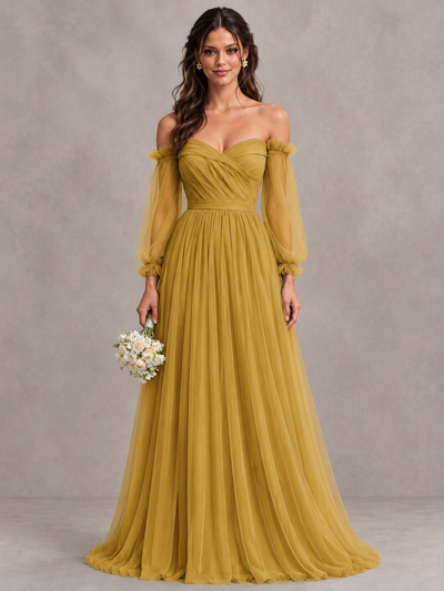 BOLODOO Gold Off-the-Shoulder Long Sleeve A-Line Bridesmaid Dress - Gold - Gold (1)