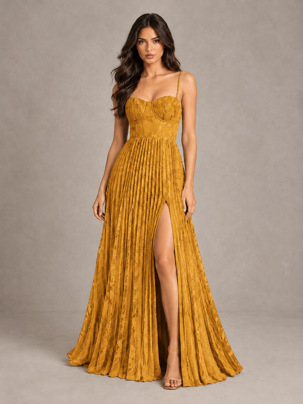BOLODOO Gold Pleated Bridesmaid Dress with Sweetheart Neckline & Slit - Gold - Gold (1)