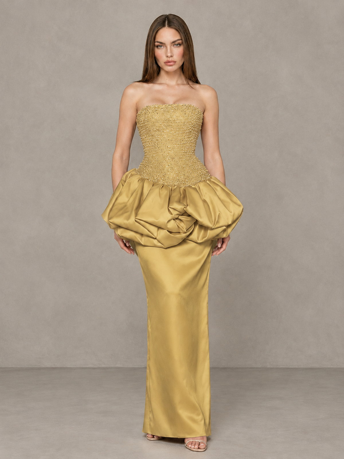 BOLODOO Gold Strapless Embellished Bubble Peplum Evening Dress - Gold - Gold (1)