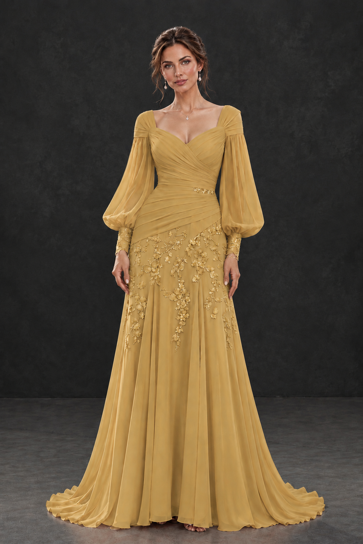 BOLODOO Gold Long Sleeve Mother of the Bride Dress with Floral Appliqués - Gold - Gold (1)