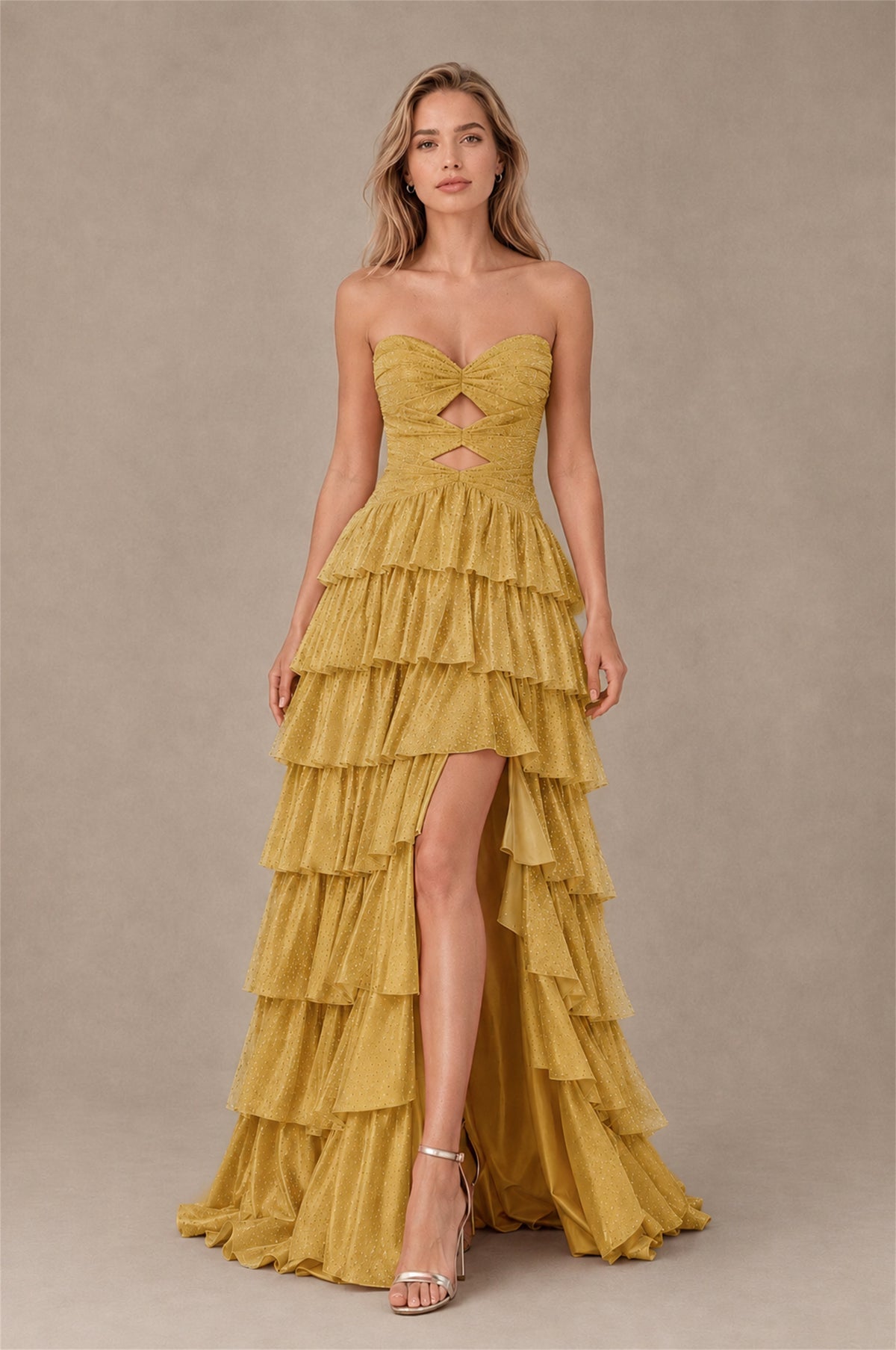 BOLODOO Gold Strapless Cutout Tiered Ruffle Prom Dress with High Slit - Gold - Gold (1)