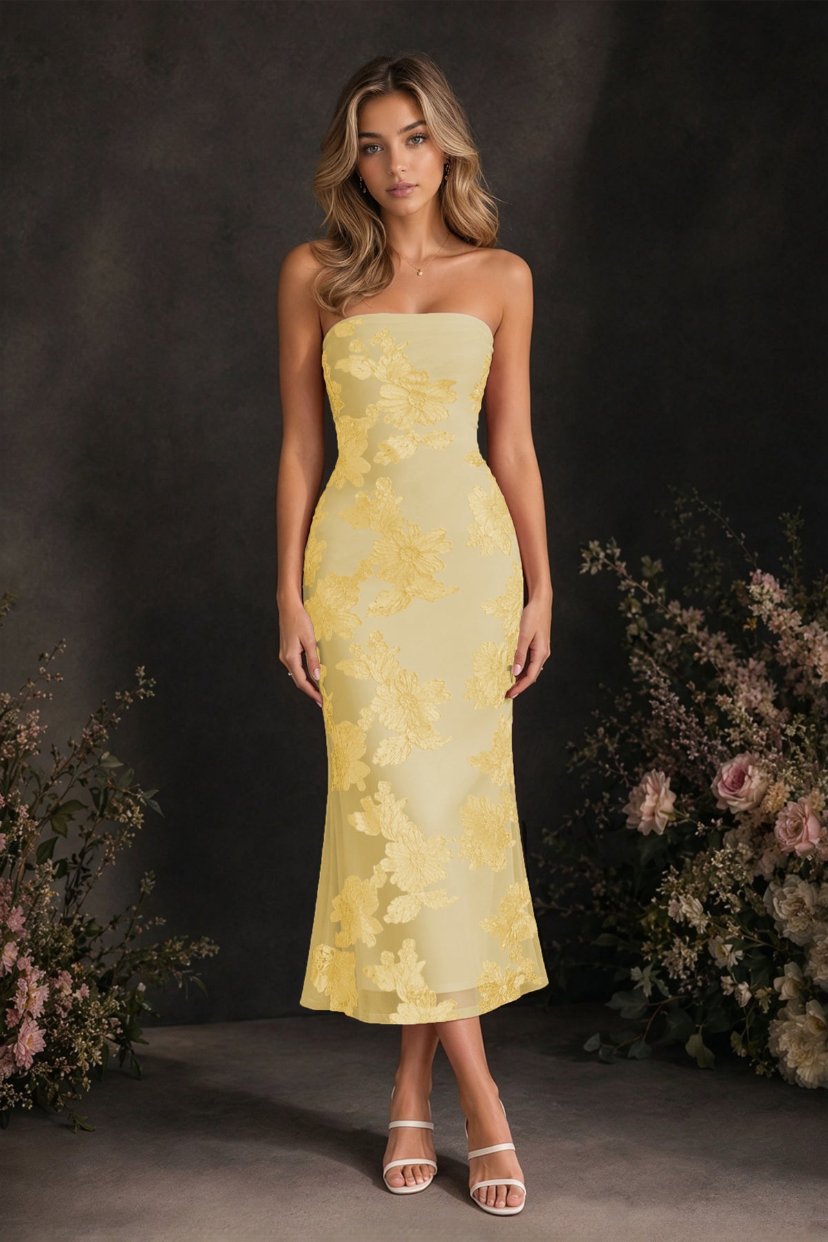 BOLODOO Gold Tonal Floral Embroidered Mesh Strapless Open Back Bodycon Midi Tea Length Dress - Gold