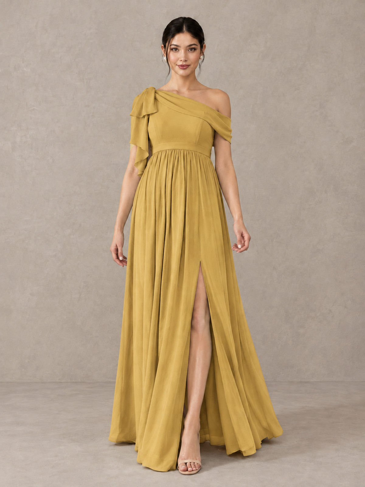 BOLODOO Gold One-Shoulder Maternity Bridesmaid Dress with Slit - Gold - Gold (1)