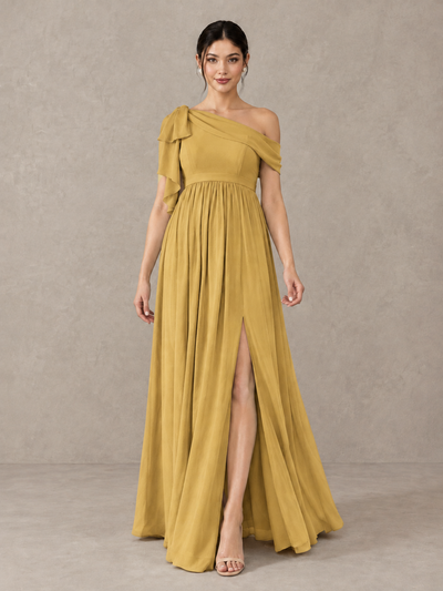 BOLODOO Gold One-Shoulder Maternity Bridesmaid Dress with Slit - Gold - Gold (1)