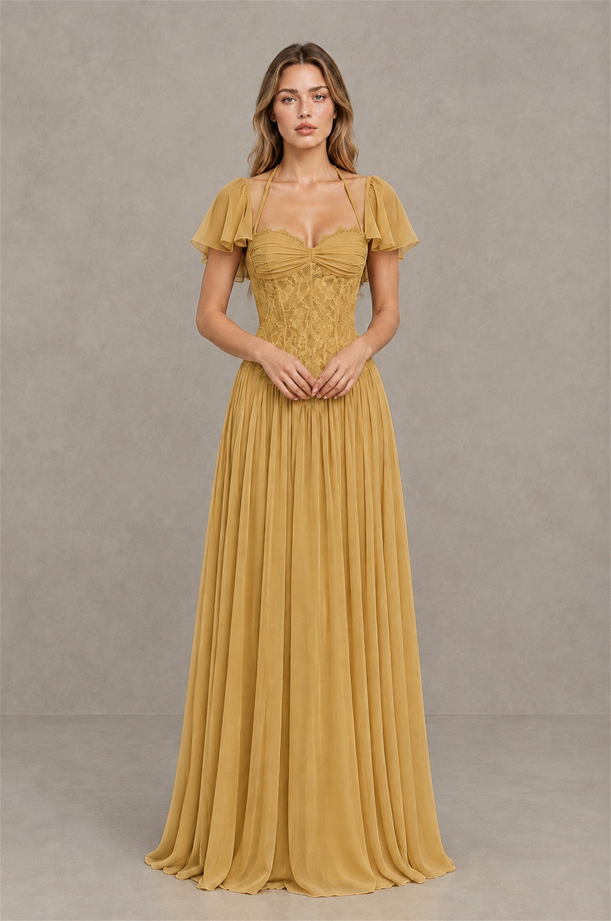 BOLODOO Gold Flutter Sleeve Lace Corset A-Line Maxi Dress - Gold - Gold (1)
