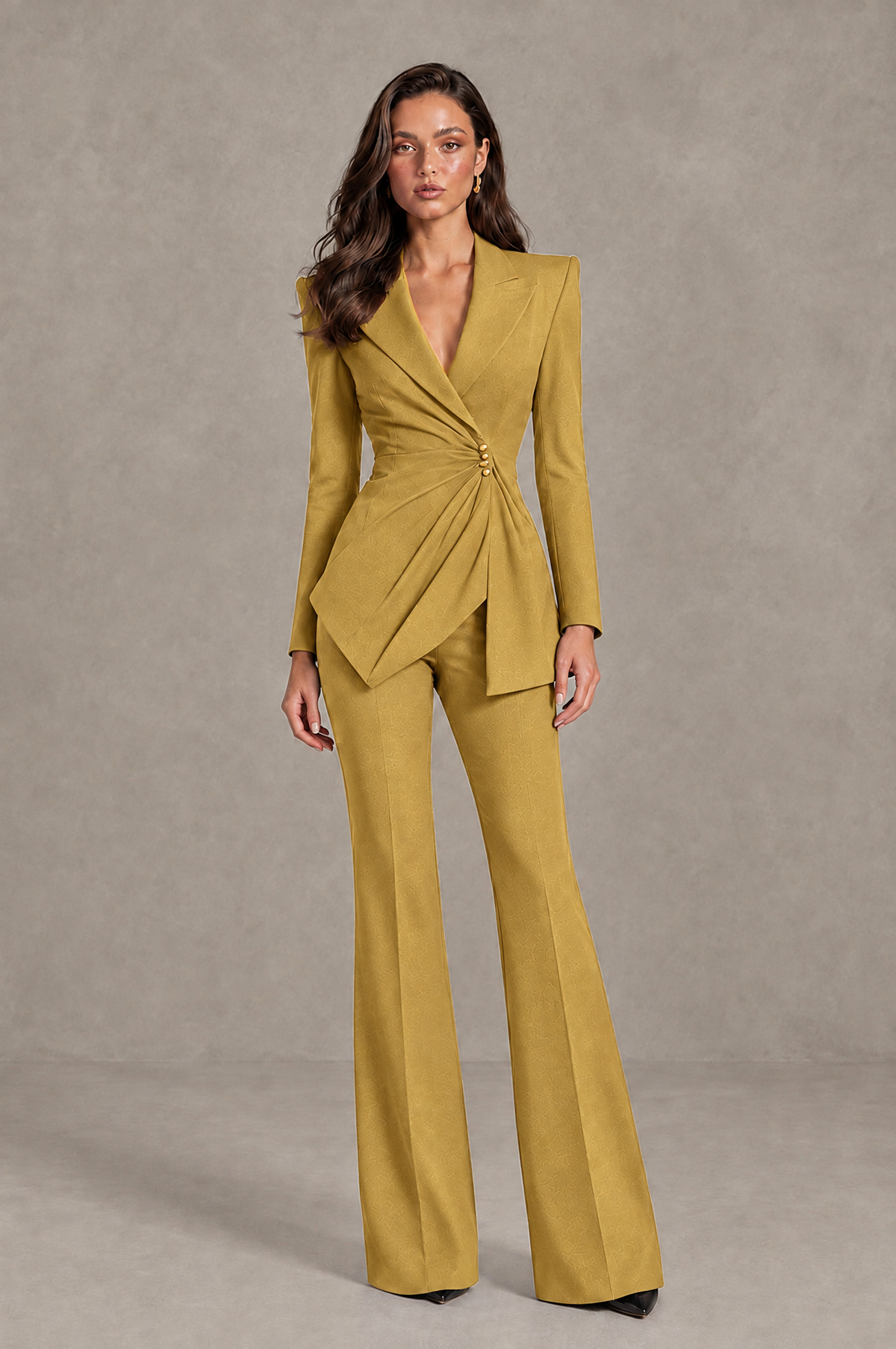 BOLODOO Gold Long Sleeve Wrap Blazer Pantsuit with Wide-Leg Trousers - Gold - Gold (1)