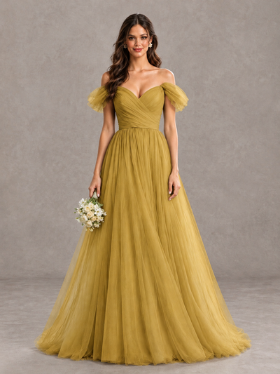 BOLODOO Gold Off-the-Shoulder Ruffle Sleeve A-Line Bridesmaid Dress - Gold - Gold (1)