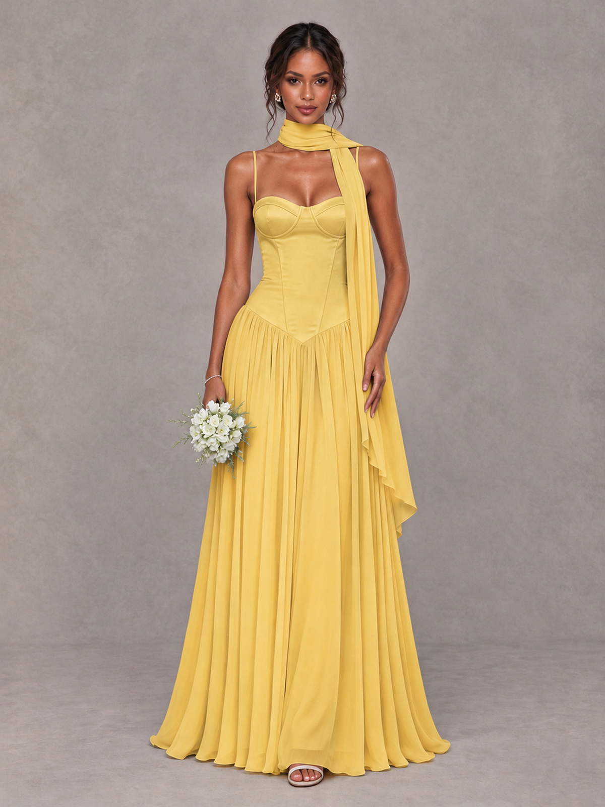 BOLODOO Gold Corset Bridesmaid Dress with Scarf - Gold - Gold (1)
