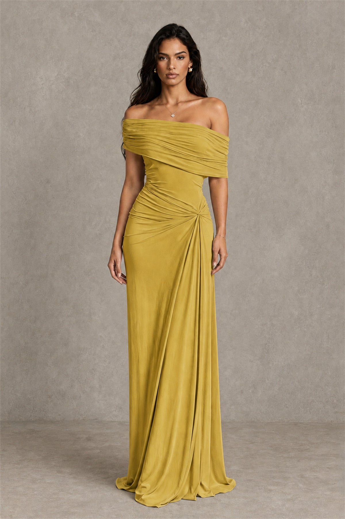 BOLODOO Gold Off-Shoulder Ruched Maxi Dress - Gold