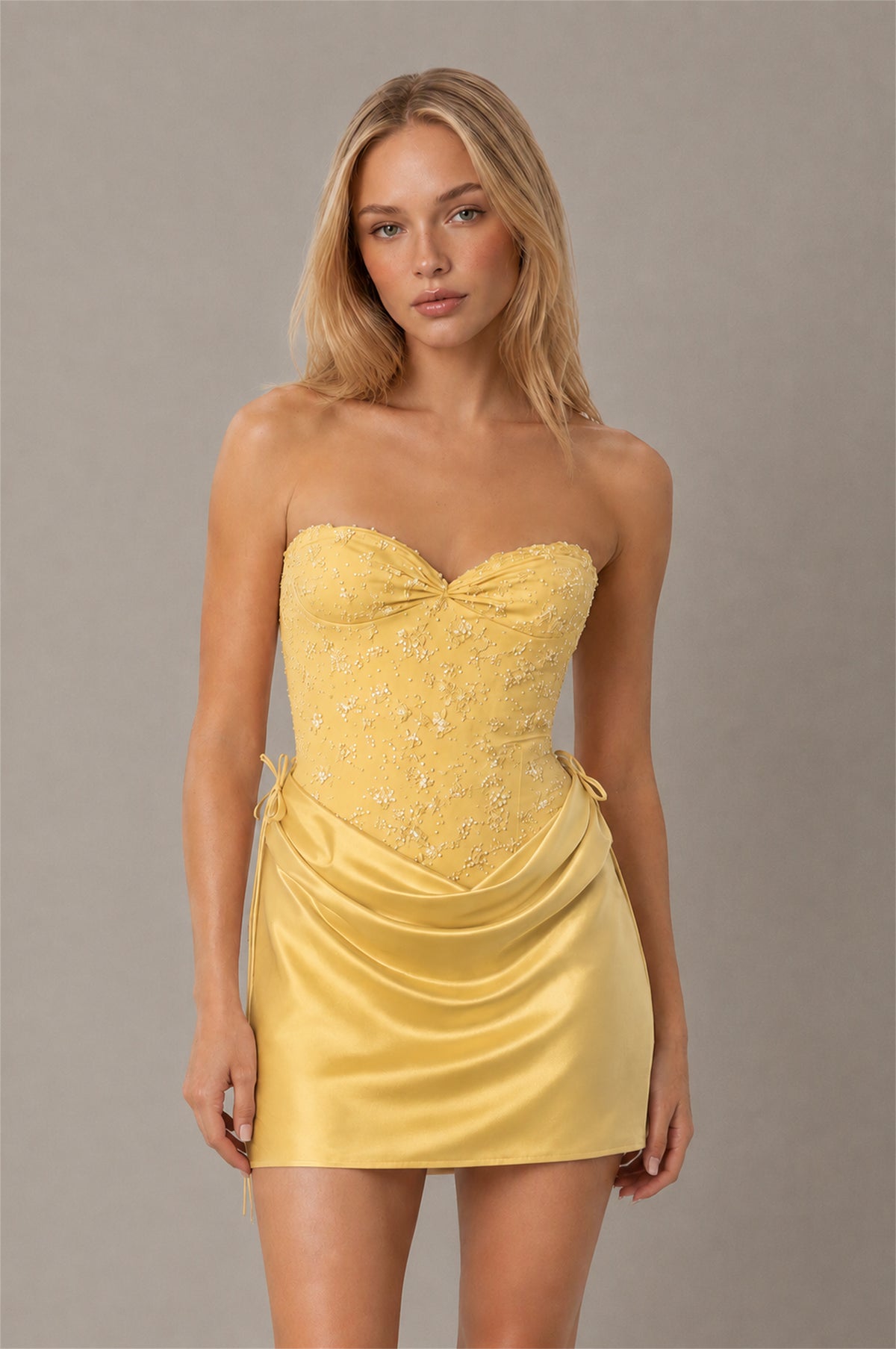 BOLODOO Gold Lace Corset Strapless Sweetheart Satin Mini Dress with Open Back - Gold