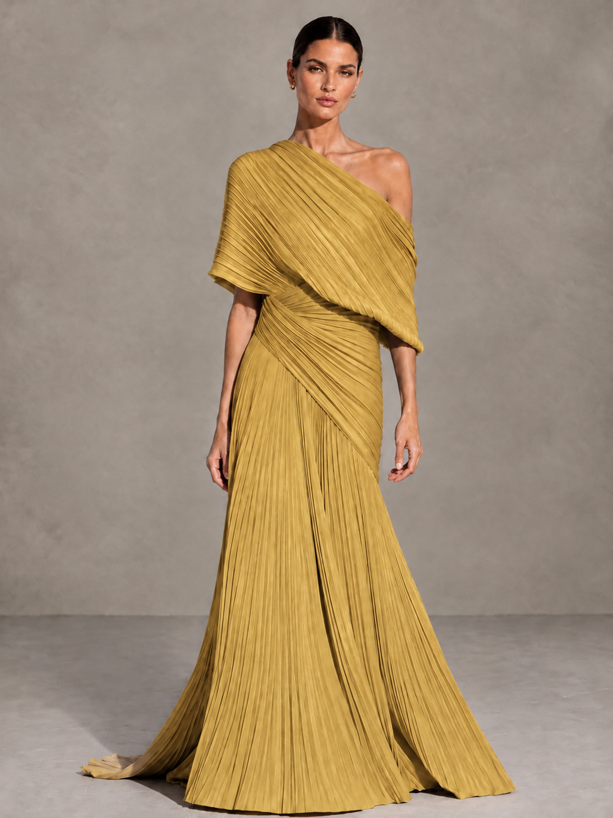 BOLODOO Gold One-Shoulder Pleated Cape Evening Gown with Train - Gold - Gold (1)