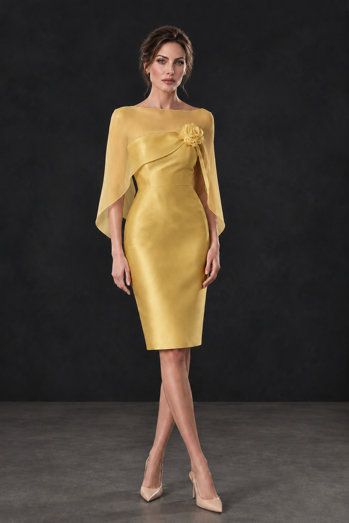 BOLODOO Gold Cape Knee-Length Mother of the Bride Dress - Gold - Gold (1)