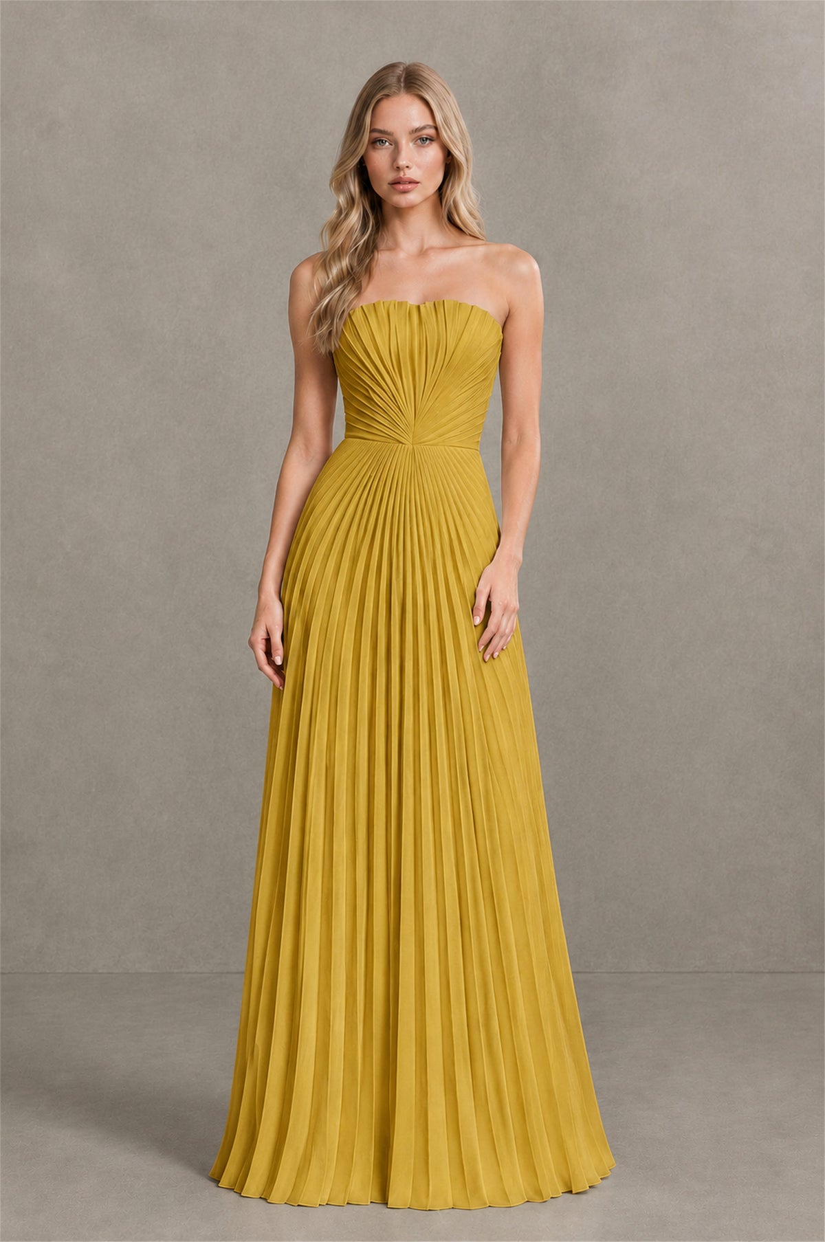 BOLODOO Gold Strapless Sunburst Pleated Twisted Knot Lace-Up Back Accordion Pleated Chiffon Maxi Dress - Gold