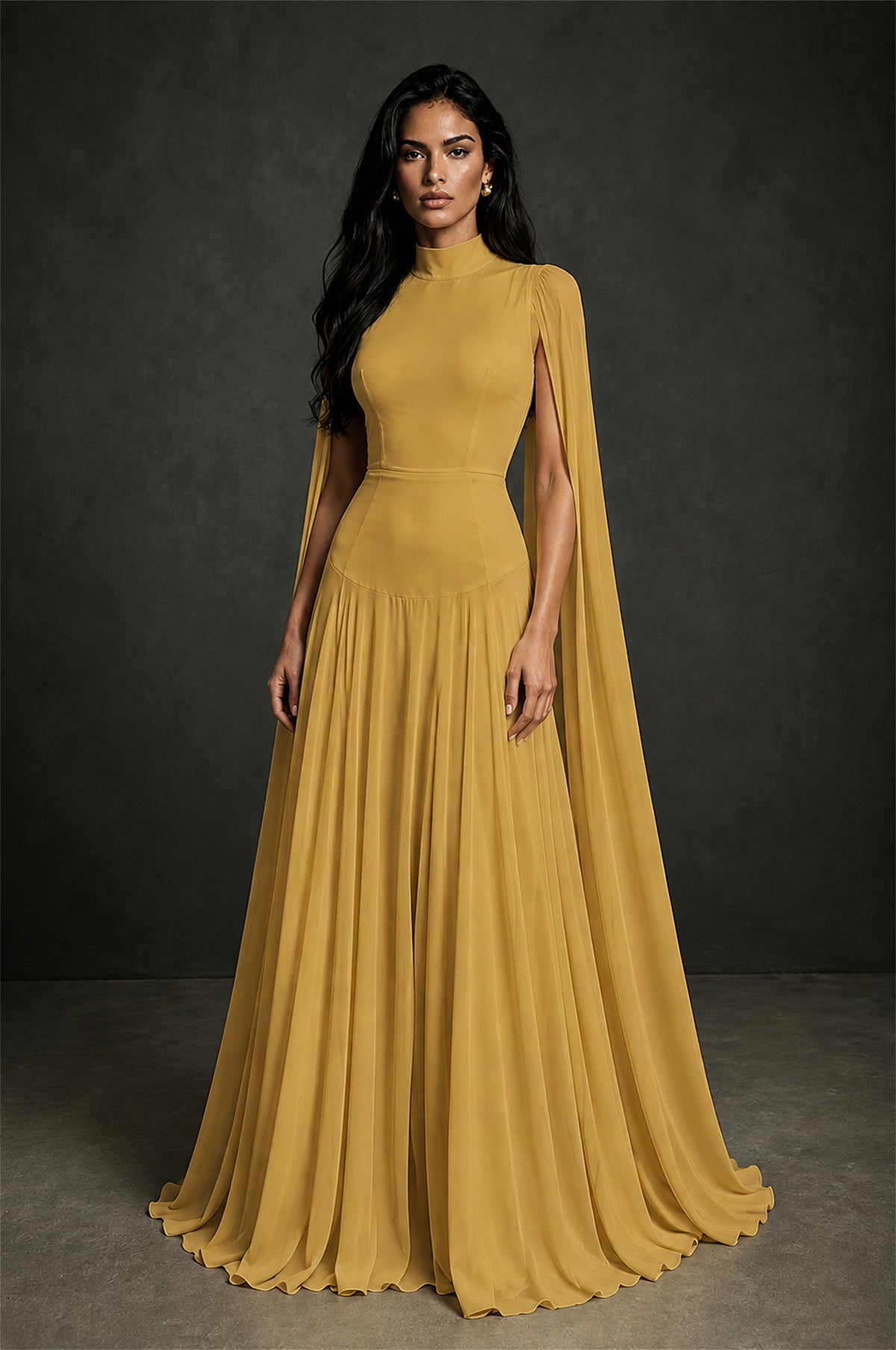 BOLODOO Gold Mock Neck Cape Sleeve A-Line Chiffon Maxi Dress - Gold - Gold (1)