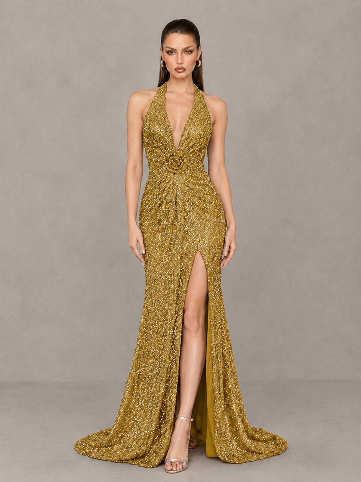 BOLODOO Gold Sequin Halter Open Back Evening Gown with High Slit - Gold - Gold (1)