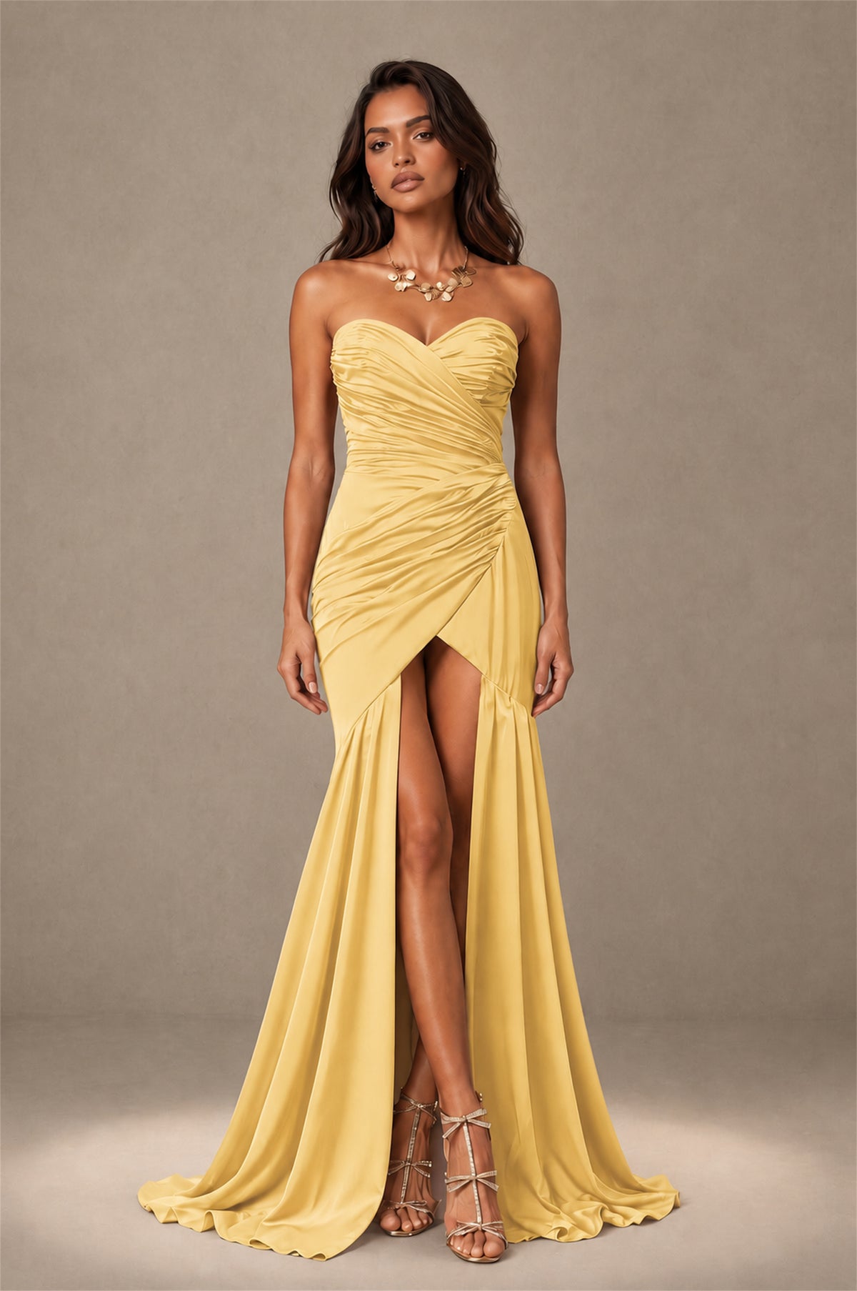 BOLODOO Gold Brown Stretch Satin Sweetheart Strapless Ruched Open Back High Slit Mermaid Maxi Dress - Gold