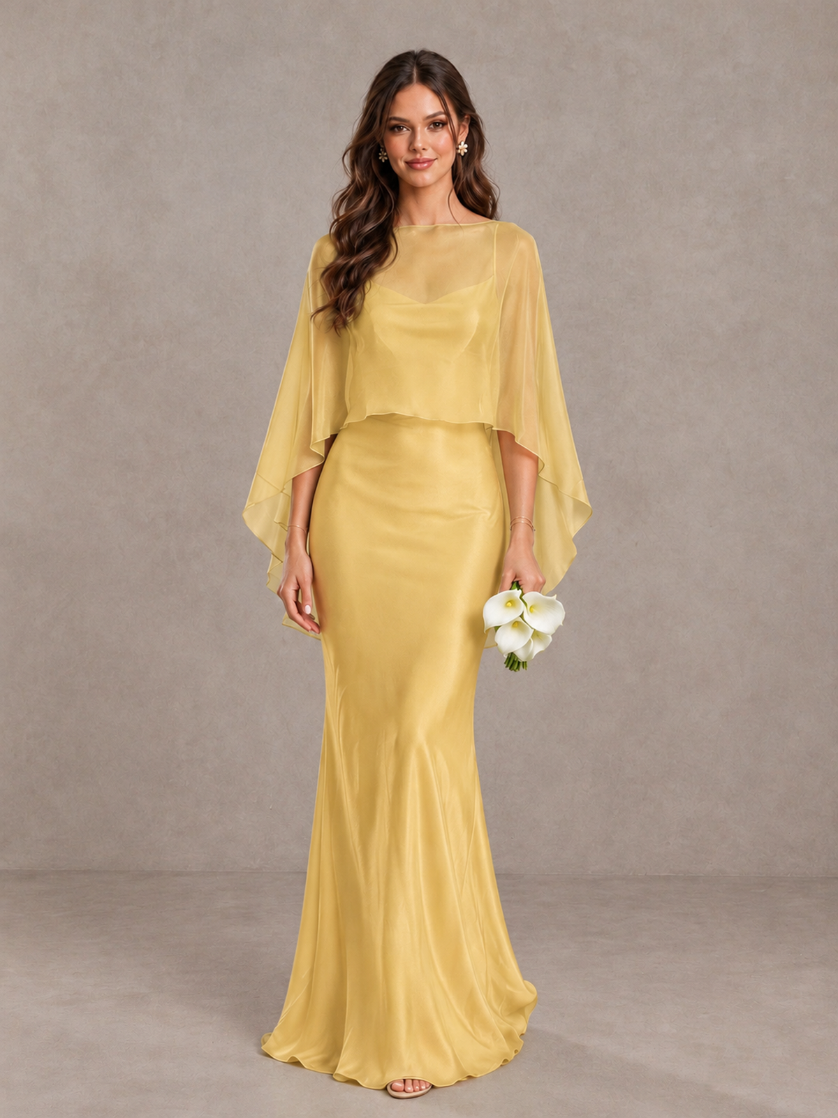 BOLODOO Gold Satin Mermaid Bridesmaid Dress with Chiffon Cape - Gold - Gold (1)