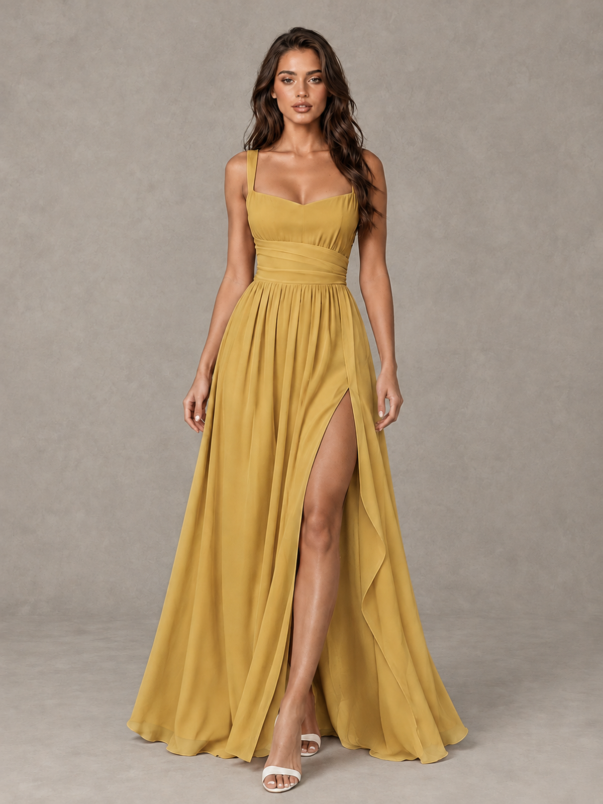 BOLODOO Gold A-Line Bridesmaid Dress with High Slit & Lace-Up Back - Gold - Gold (1)