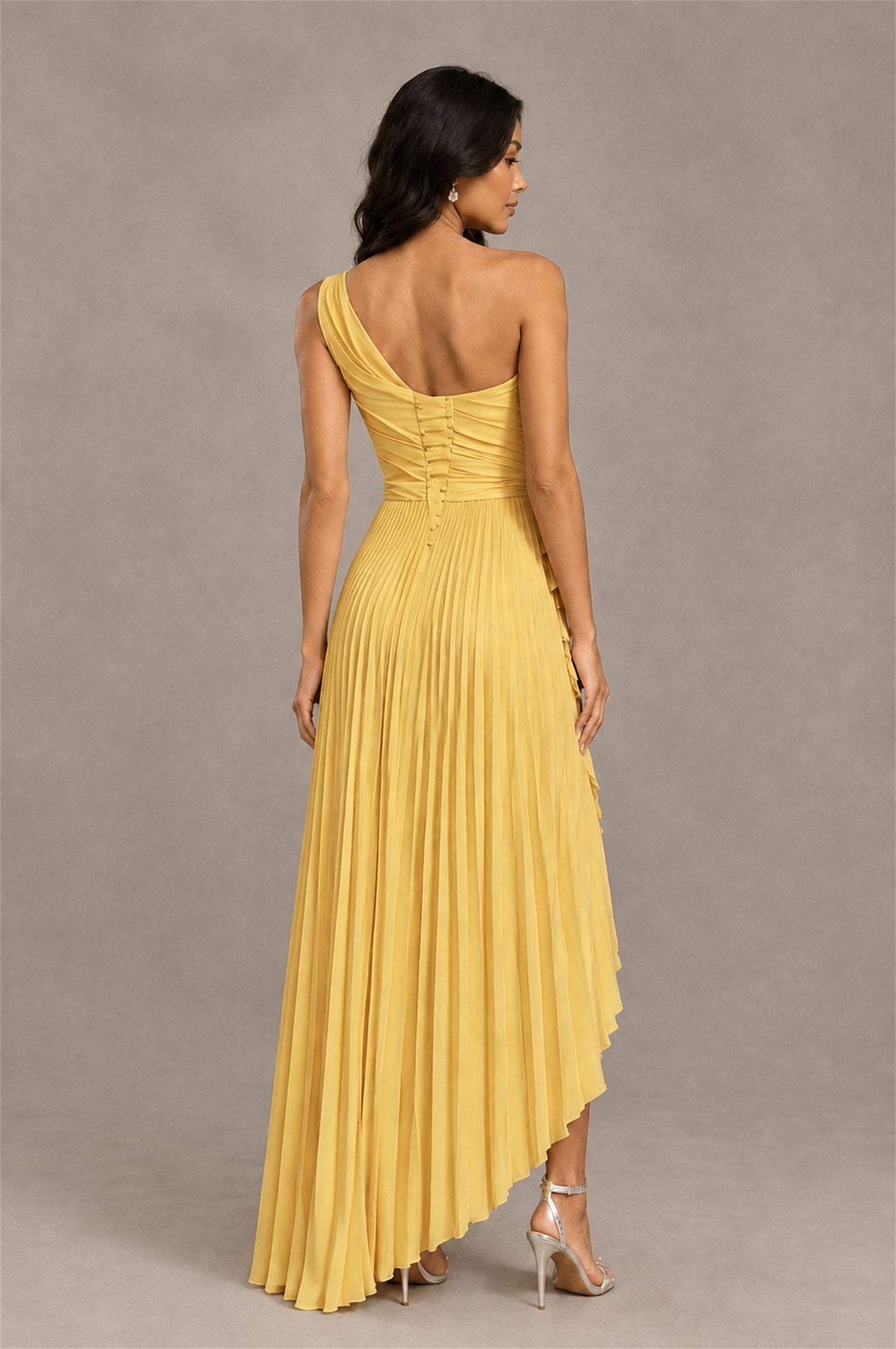 BOLODOO Gold One-Shoulder High-Low Ruffle Maxi Dress - Gold