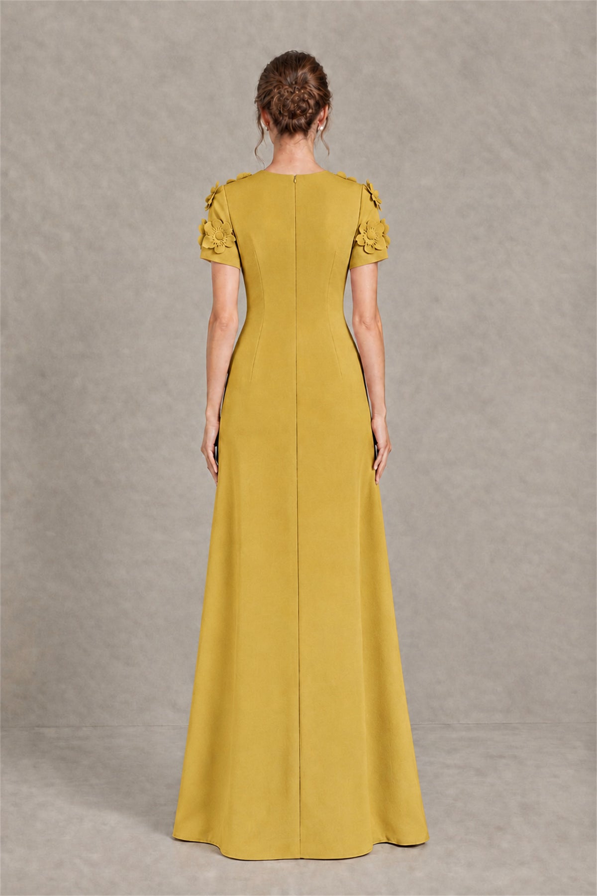 BOLODOO Gold Textured Floral Maxi Dress with Short Sleeves - Gold