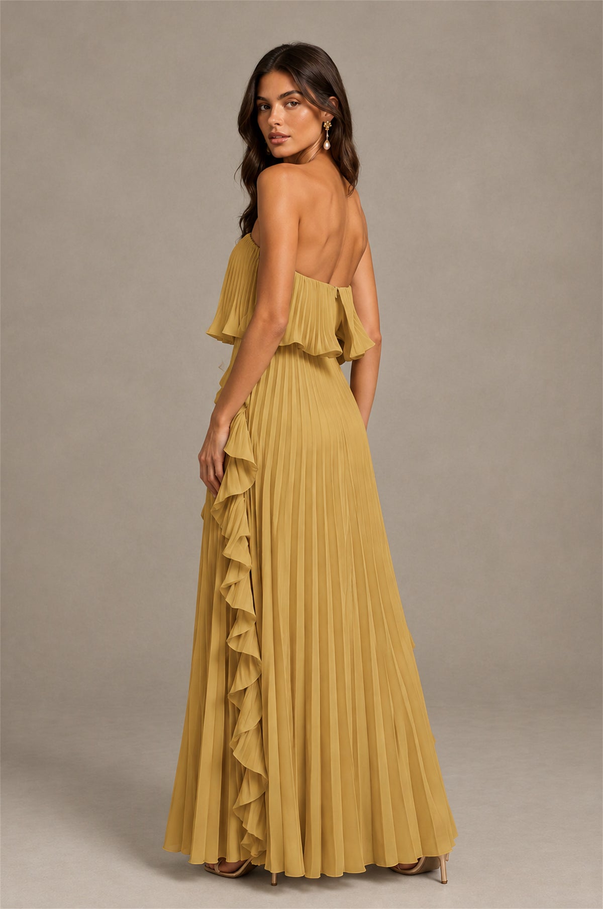 BOLODOO Gold Strapless Ruffle Bodice Dual Cascading Ruffle Accordion Pleated Chiffon Maxi Dress - Gold