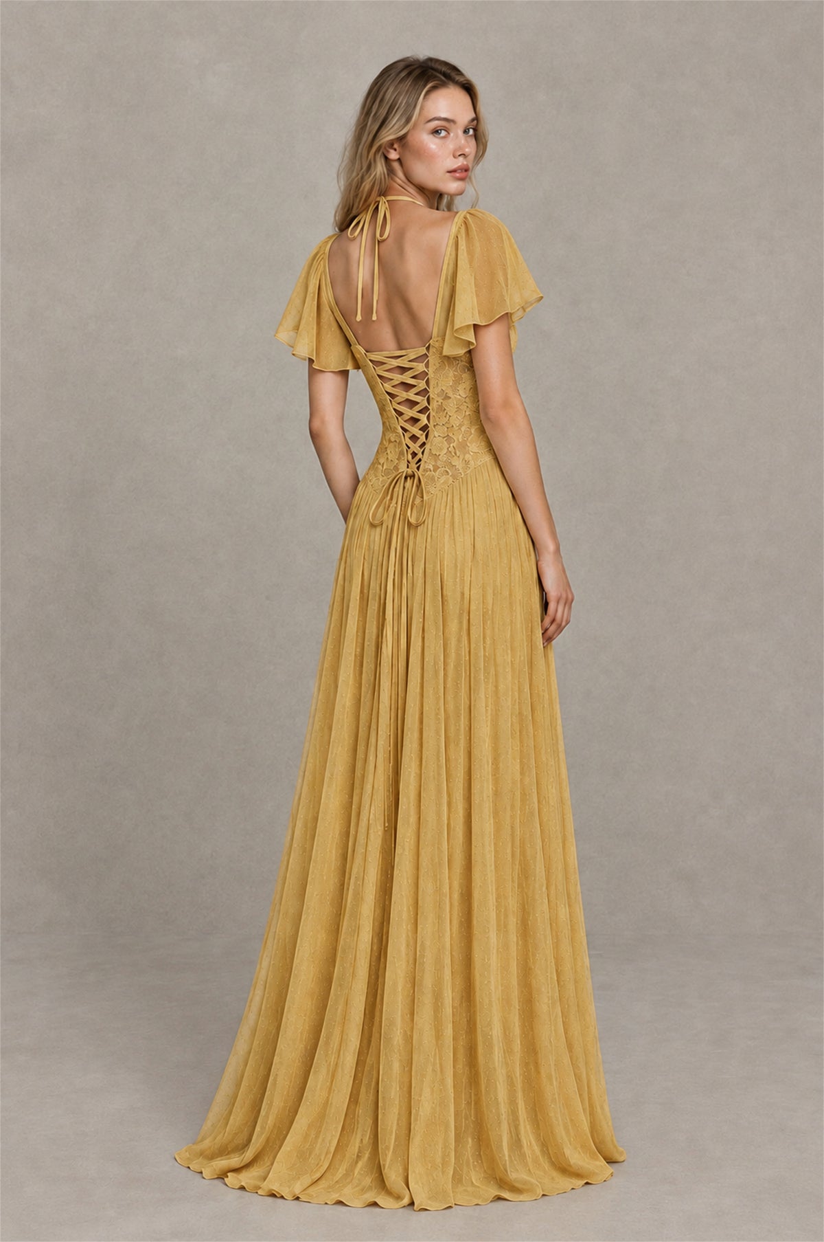 BOLODOO Gold Flutter Sleeve Lace Corset A-Line Maxi Dress - Gold - Gold (2)