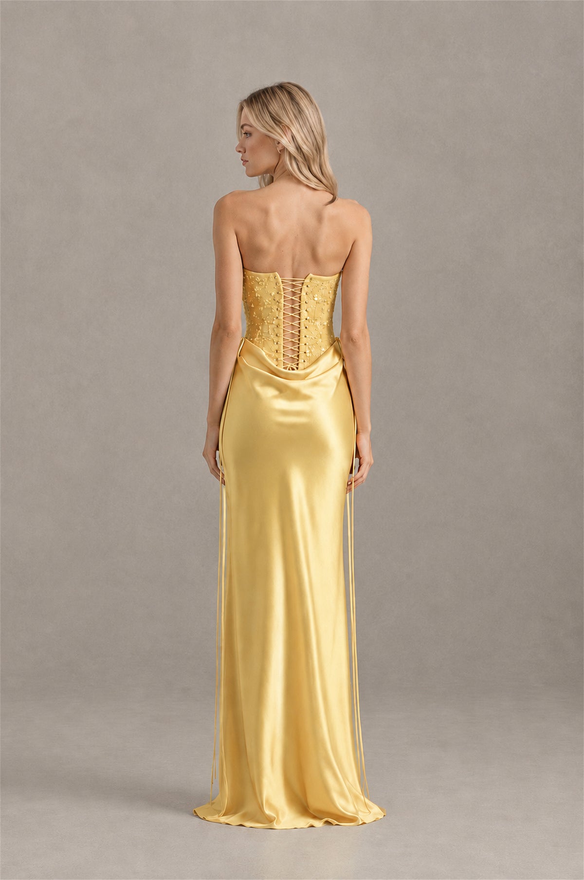 BOLODOO Gold Strapless Embellished Corset Satin-Look Maxi Dress - Gold