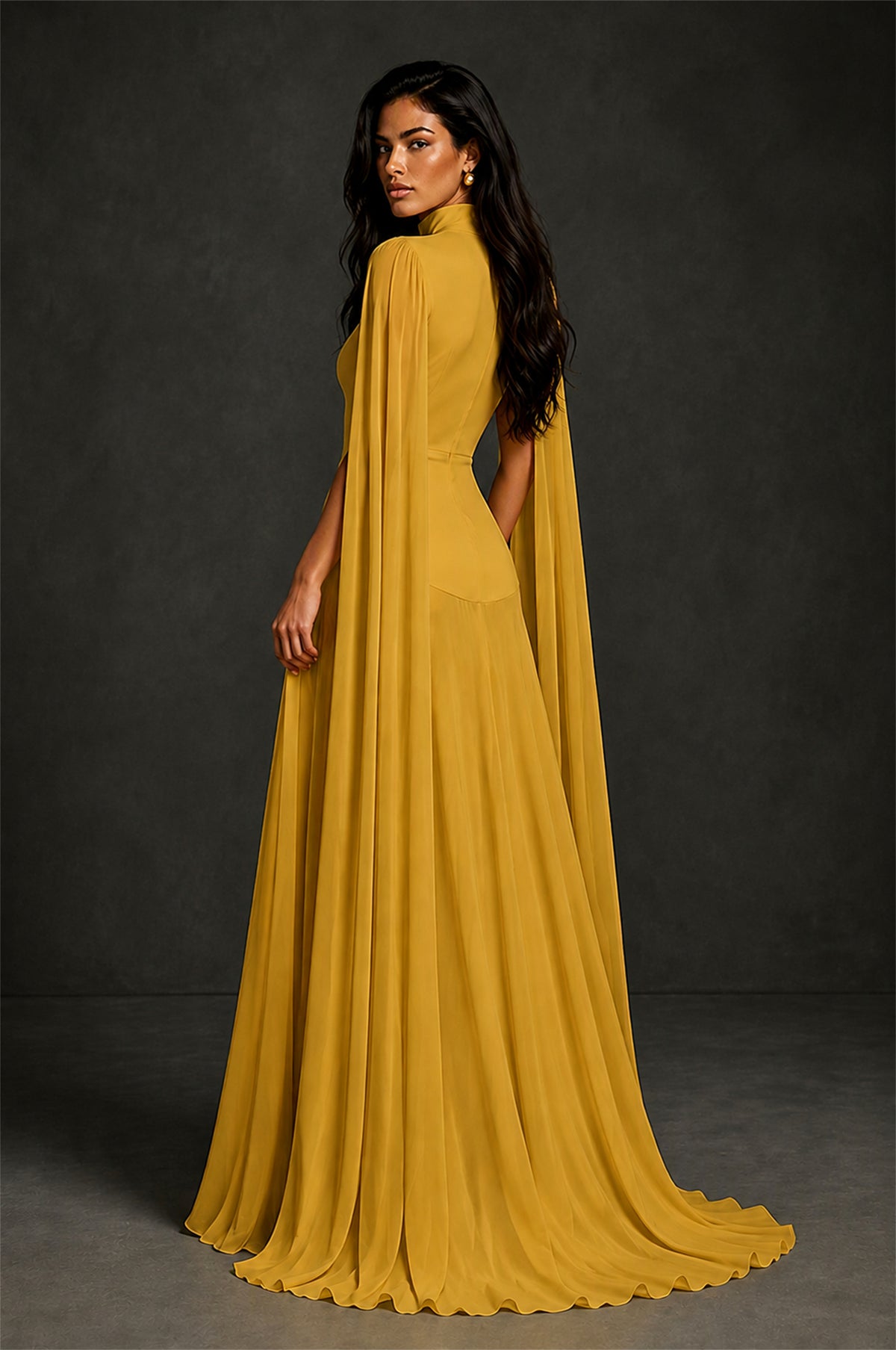 BOLODOO Gold Mock Neck Cape Sleeve A-Line Chiffon Maxi Dress - Gold - Gold (2)