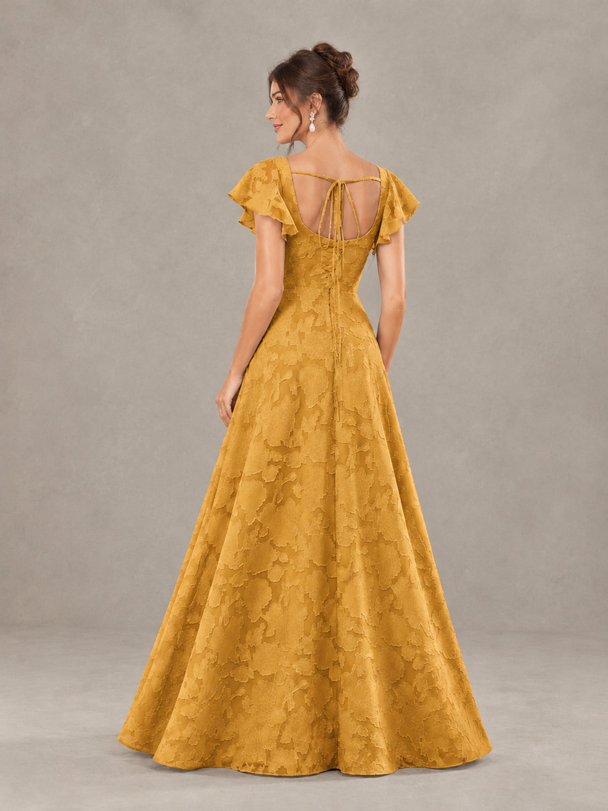 BOLODOO Gold Floral Flutter Sleeve Bridesmaid Dress with Slit - Gold - Gold (2)