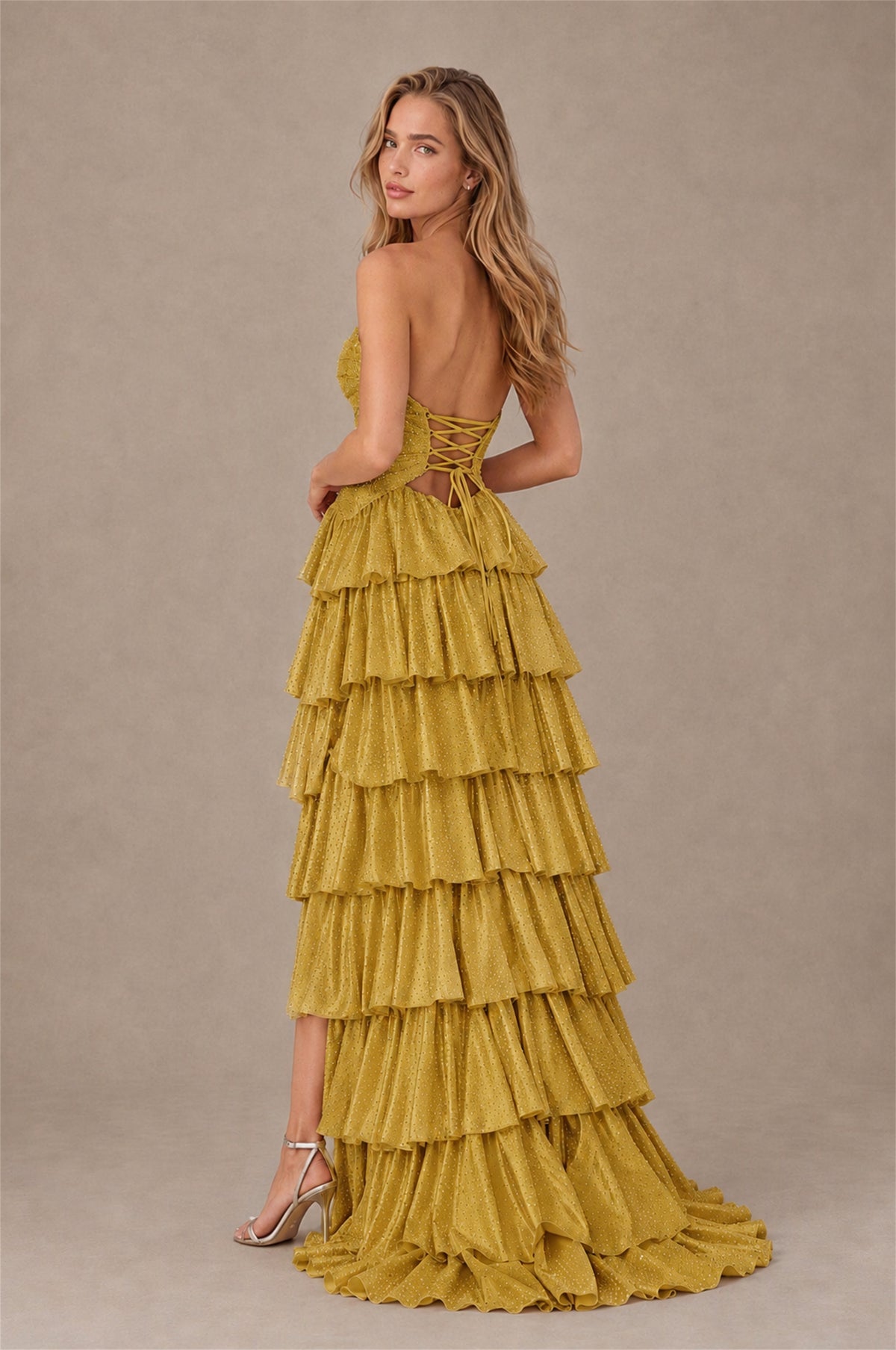 BOLODOO Gold Strapless Cutout Tiered Ruffle Prom Dress with High Slit - Gold - Gold (2)