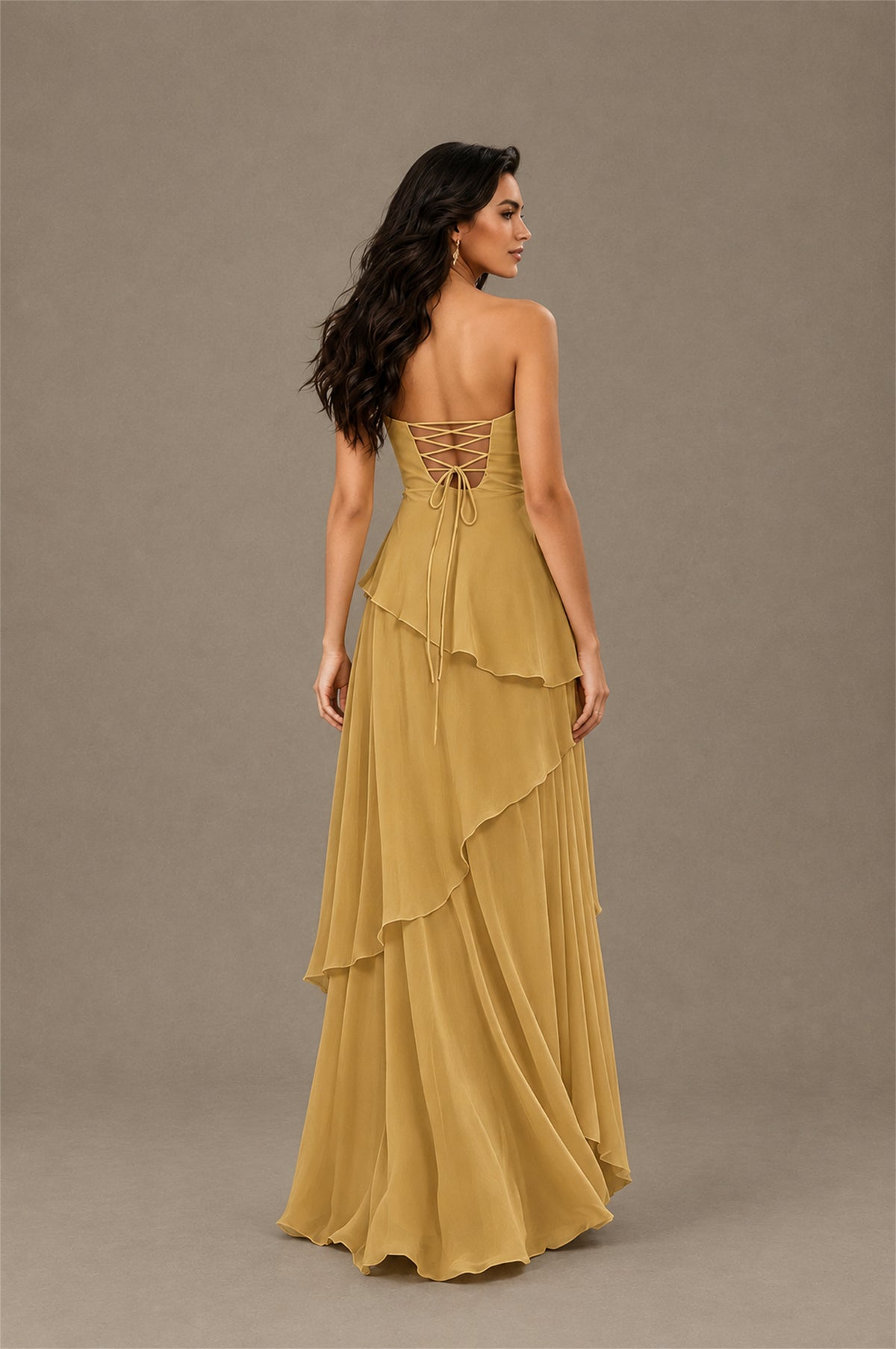 BOLODOO Gold Strapless Sweetheart Knotted Chiffon Tiered Maxi Dress with Lace-Up Back - Gold