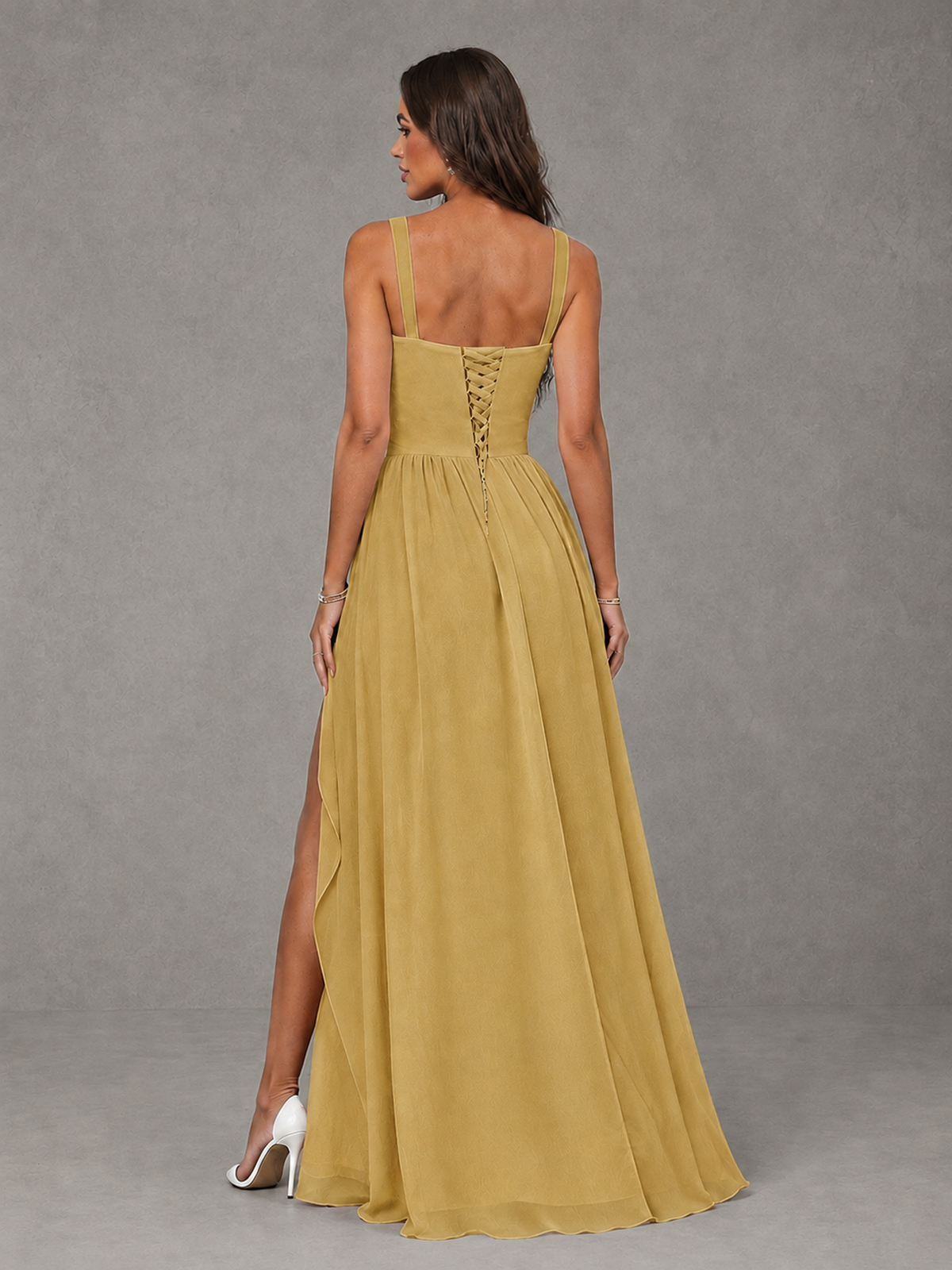 BOLODOO Gold A-Line Bridesmaid Dress with High Slit & Lace-Up Back - Gold - Gold (2)