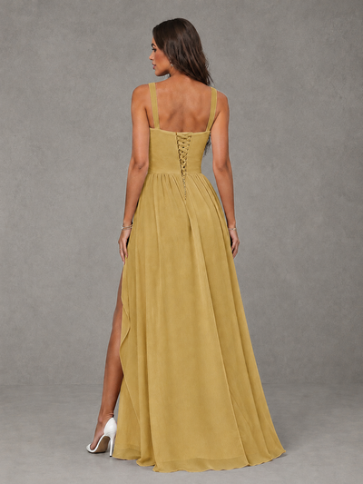 BOLODOO Gold A-Line Bridesmaid Dress with High Slit & Lace-Up Back - Gold - Gold (2)