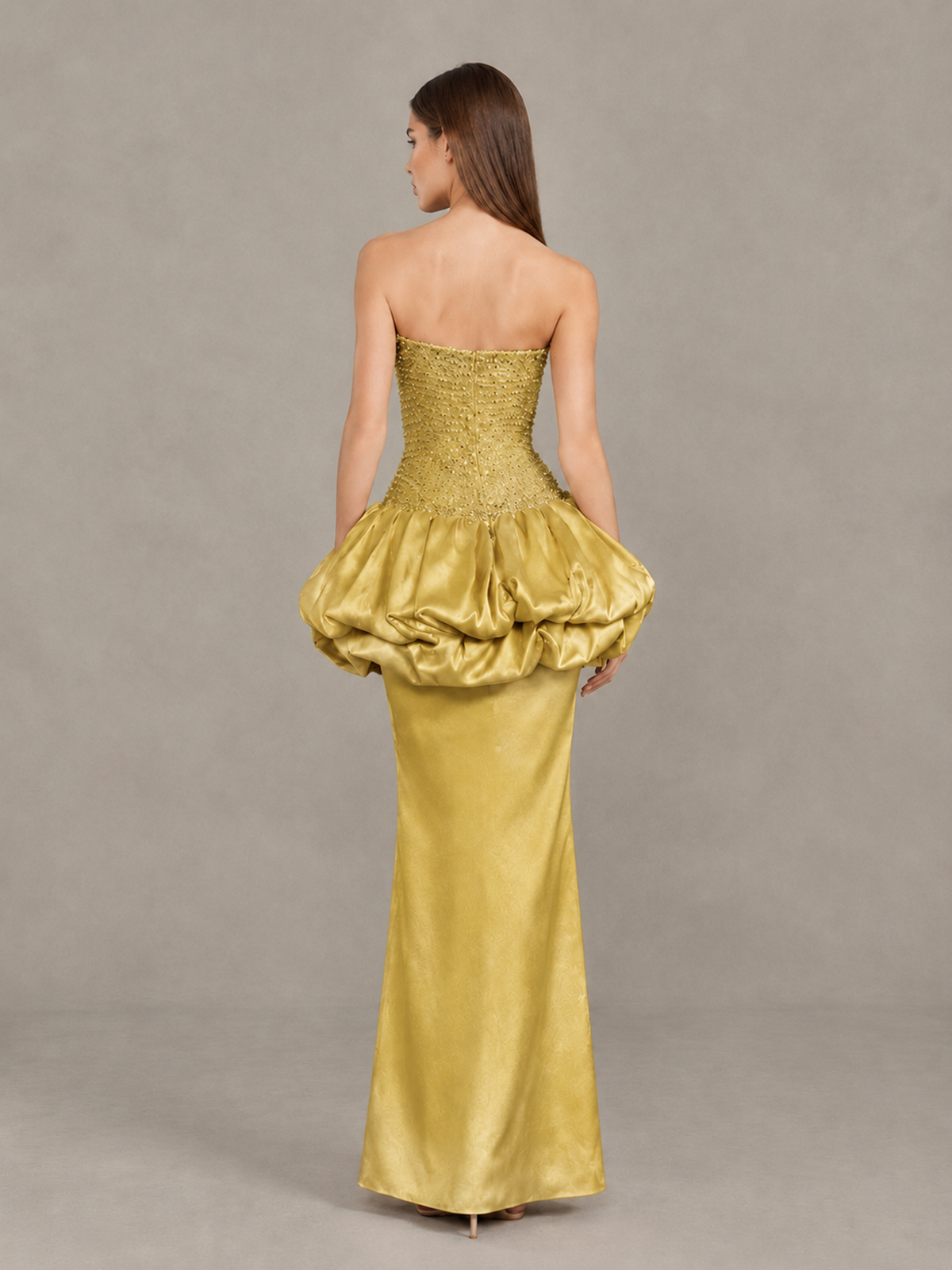 BOLODOO Gold Strapless Embellished Bubble Peplum Evening Dress - Gold - Gold (2)