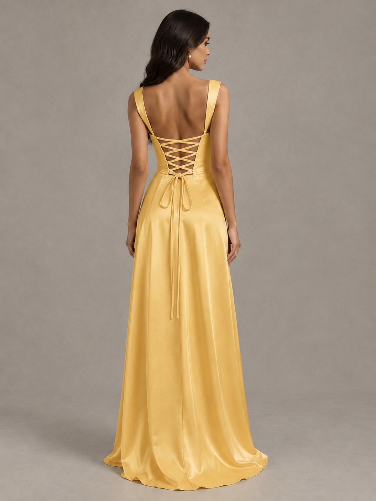 BOLODOO Gold Satin Lace-Up Bridesmaid Dress with Slit - Gold - Gold (2)
