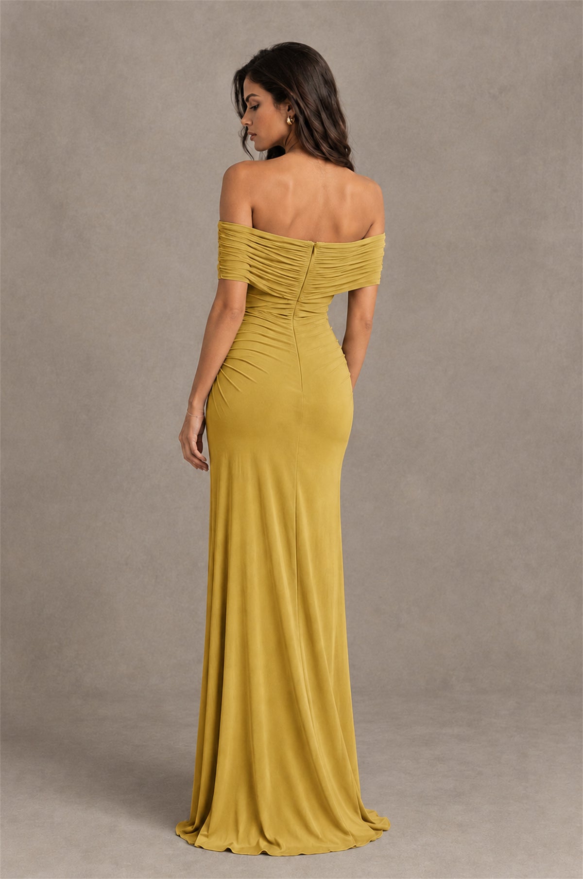 BOLODOO Gold Off-Shoulder Ruched Maxi Dress - Gold