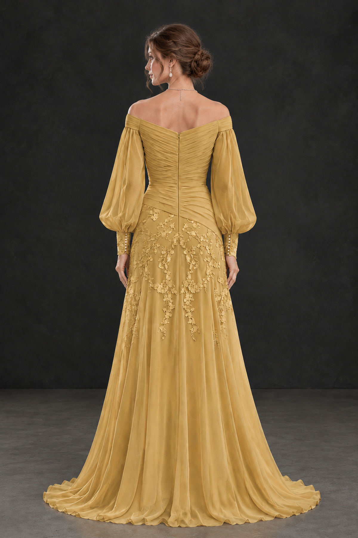BOLODOO Gold Long Sleeve Mother of the Bride Dress with Floral Appliqués - Gold - Gold (2)