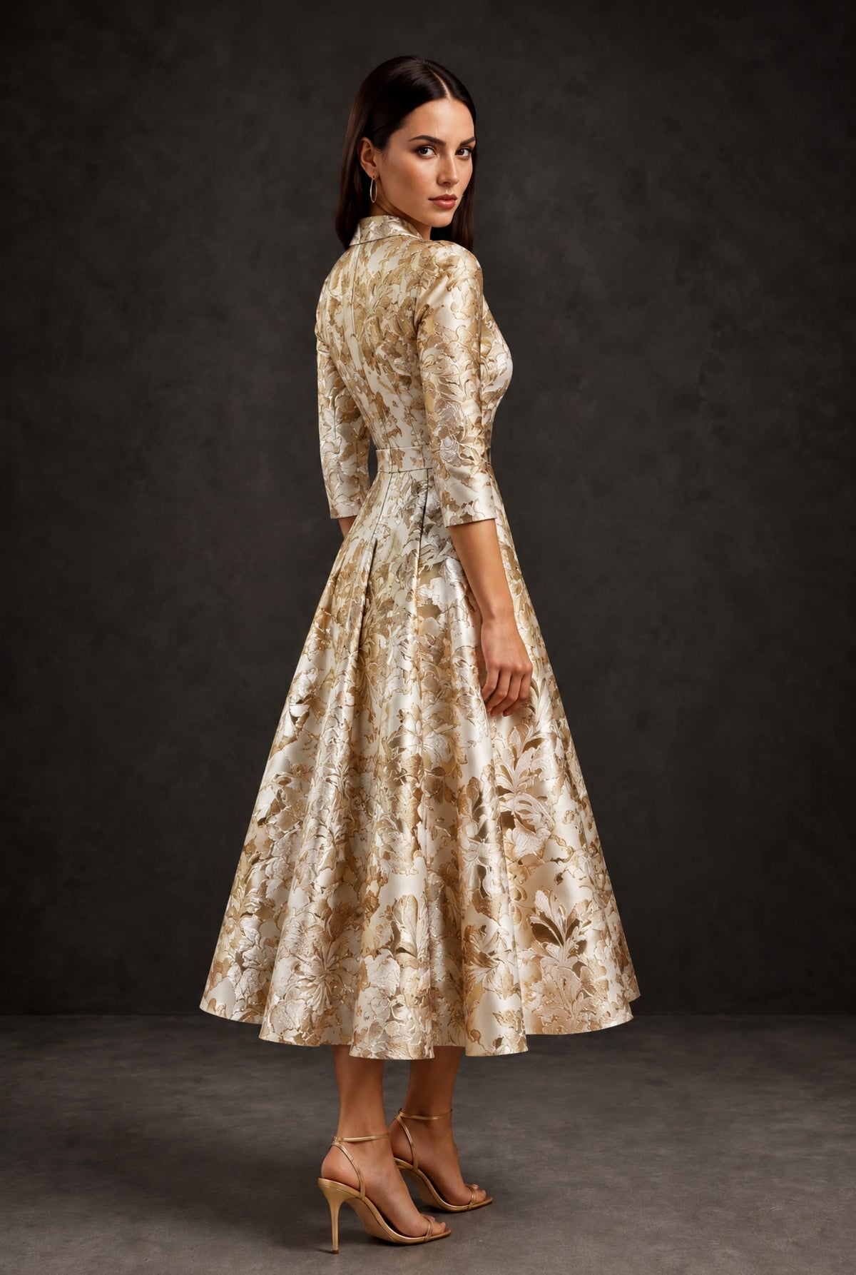 BOLODOO Gold Gold Floral Jacquard Wrap Midi Dress with Three-Quarter Sleeves - Gold - Gold (2)