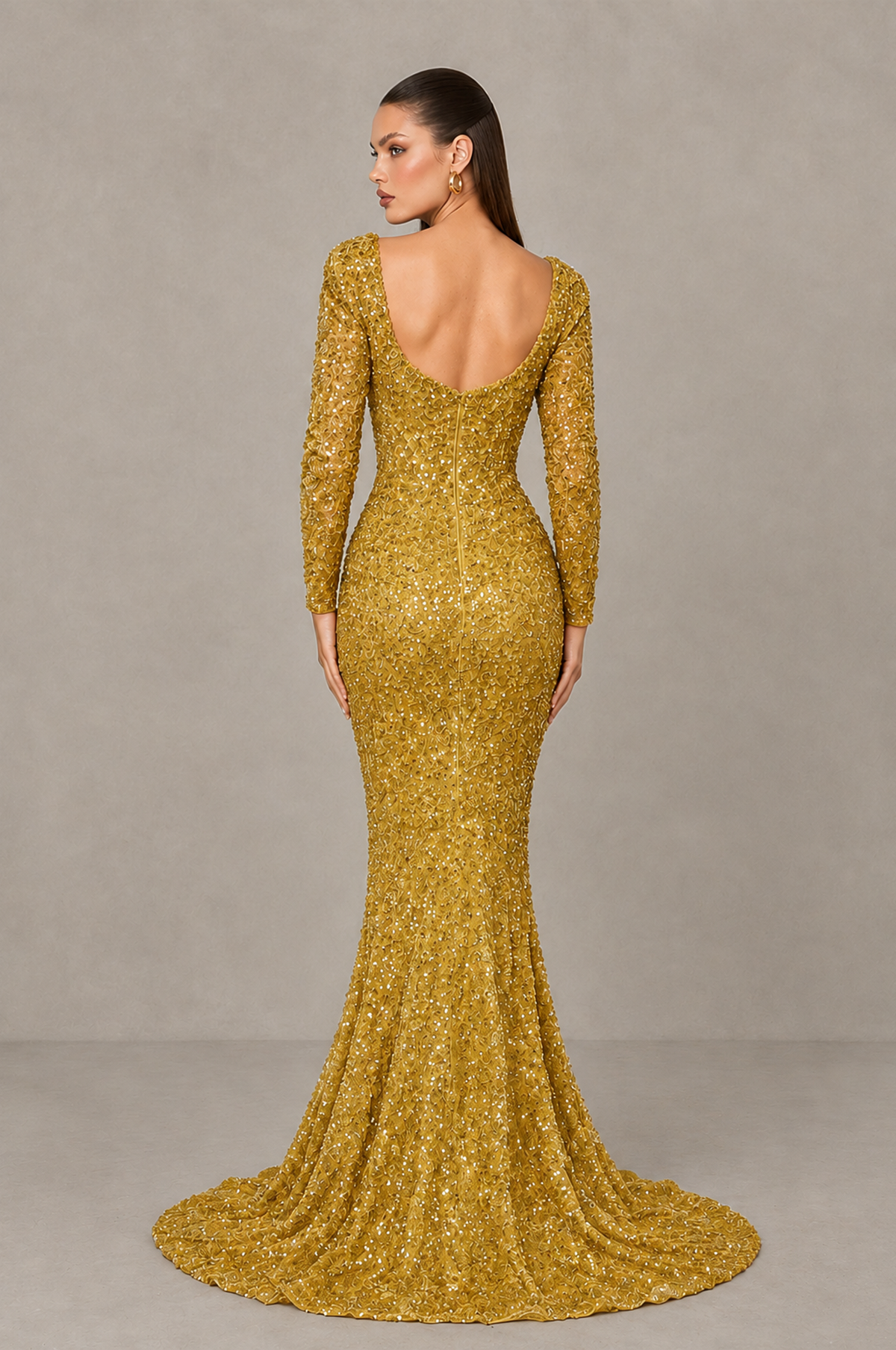 BOLODOO Gold Sequin Long Sleeve Evening Gown with High Slit - Gold - Gold (2)