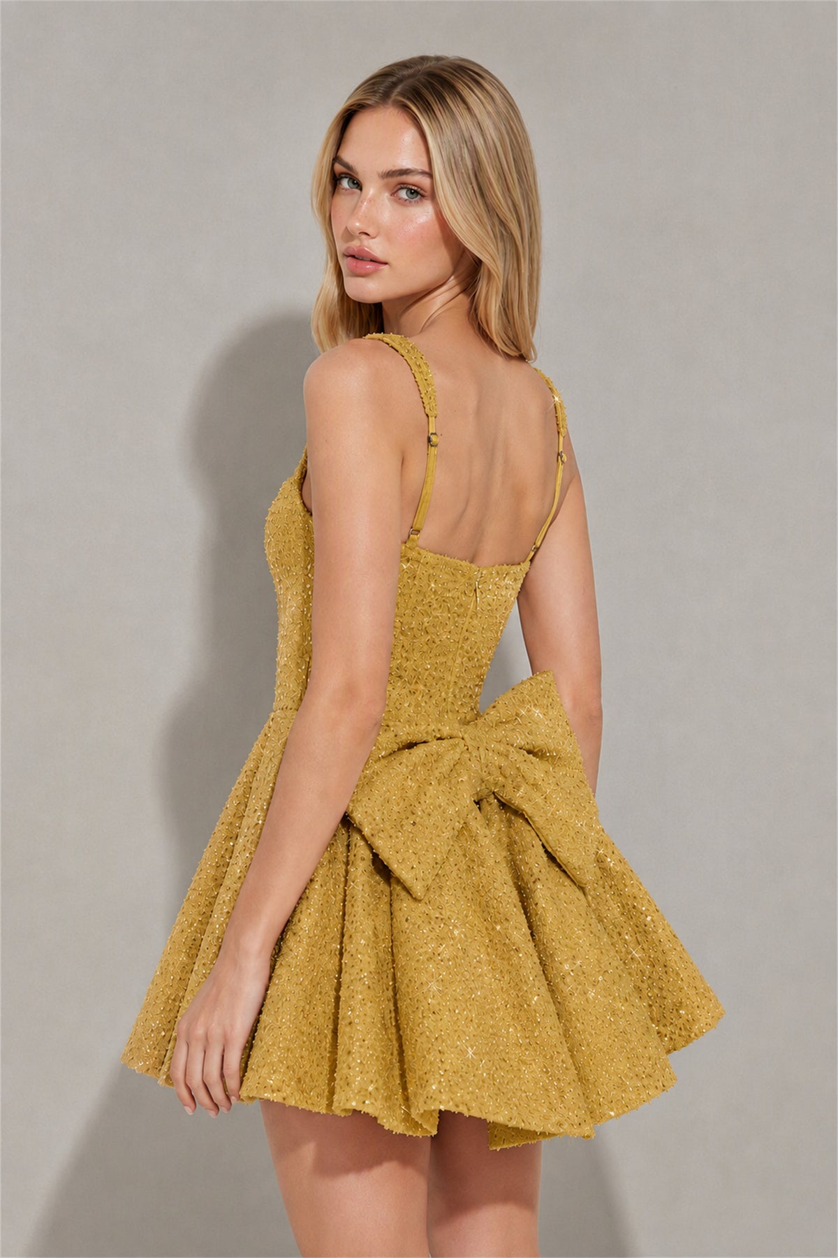 BOLODOO Gold Sequin Square Neck Wide Strap Bow Waist Open Back Fit and Flare Mini Dress | Prom Birthday Party Dress - Gold