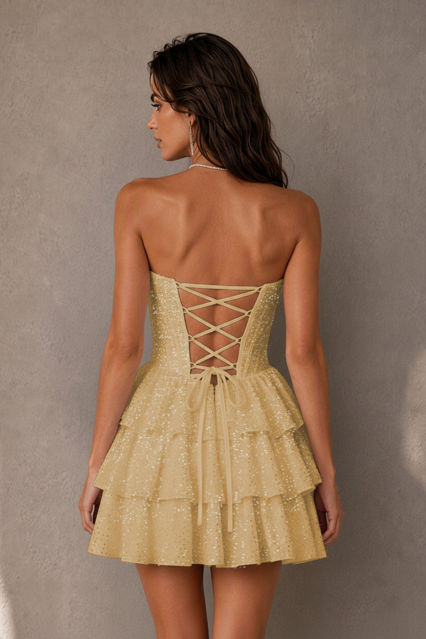 BOLODOO Navy Rhinestone Strapless Corset Tiered Ruffle Lace-Up Back Homecoming Mini Dress - Gold - Gold